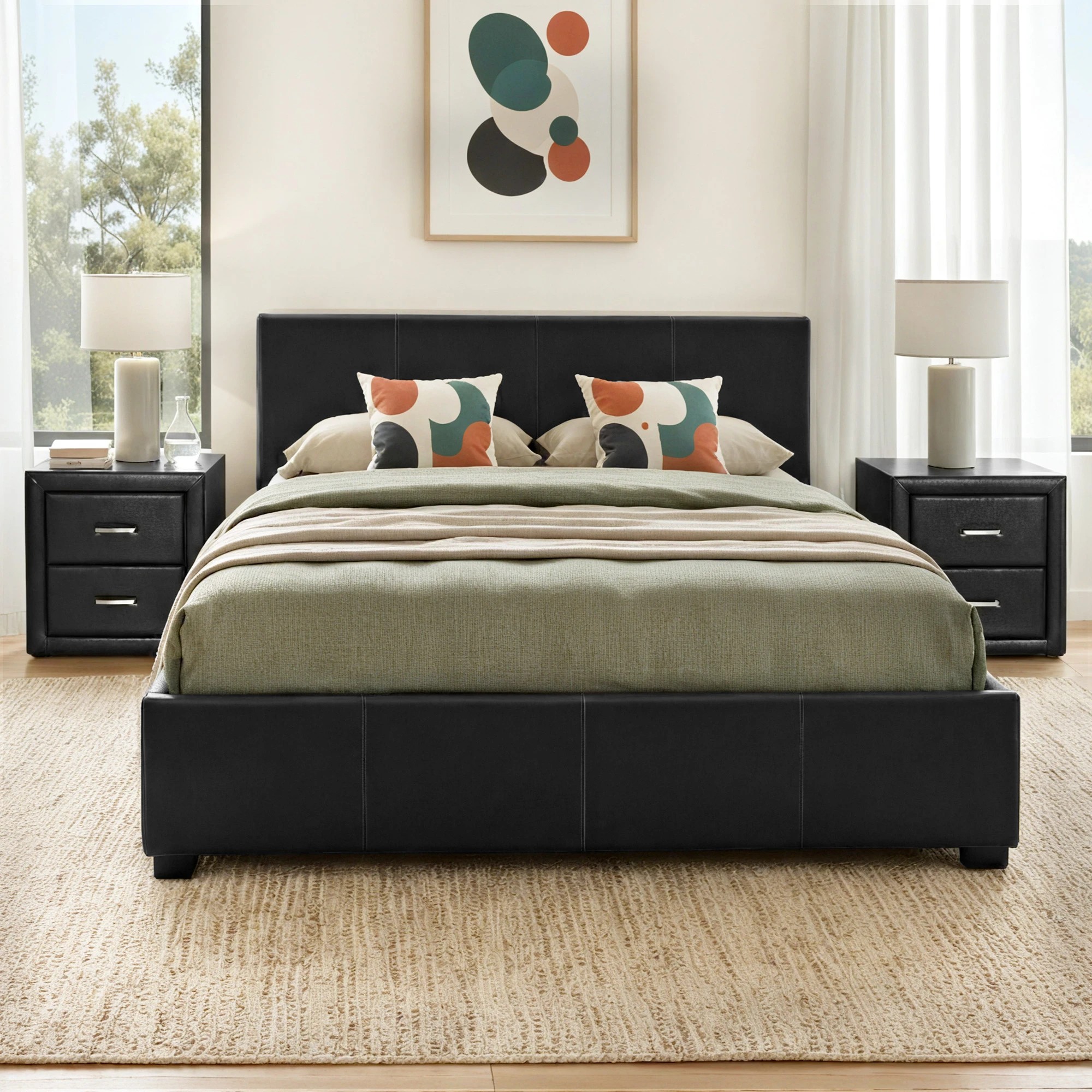 9 Artiss Gas Lift Queen Bed Frame and 2 Bedside Table Set Leather - Black, 9 of 9