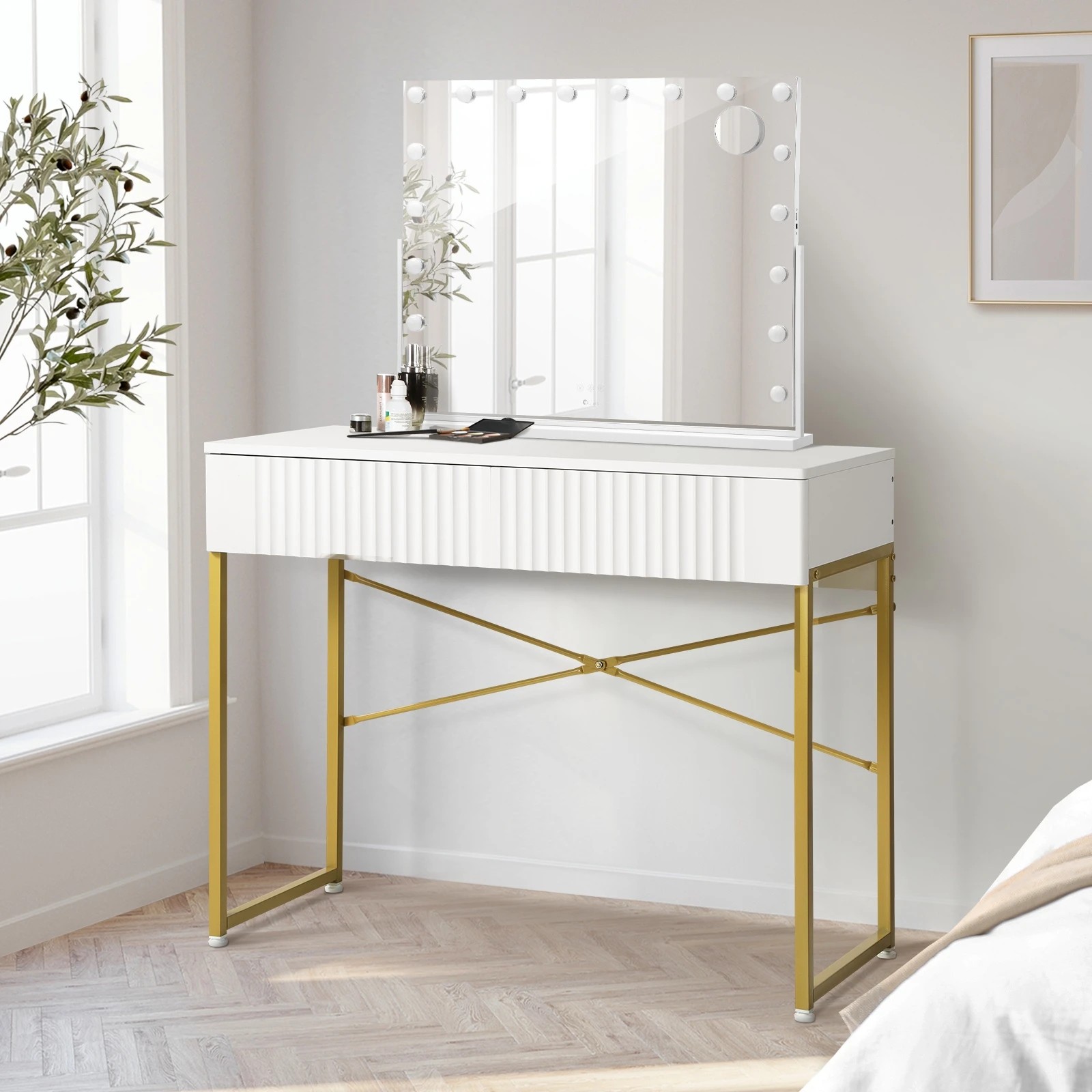 3 Oikiture Dressing Table Bluetooth Hollywood Rotatable Makeup Mirror Vanity Desk - White, 3 of 9