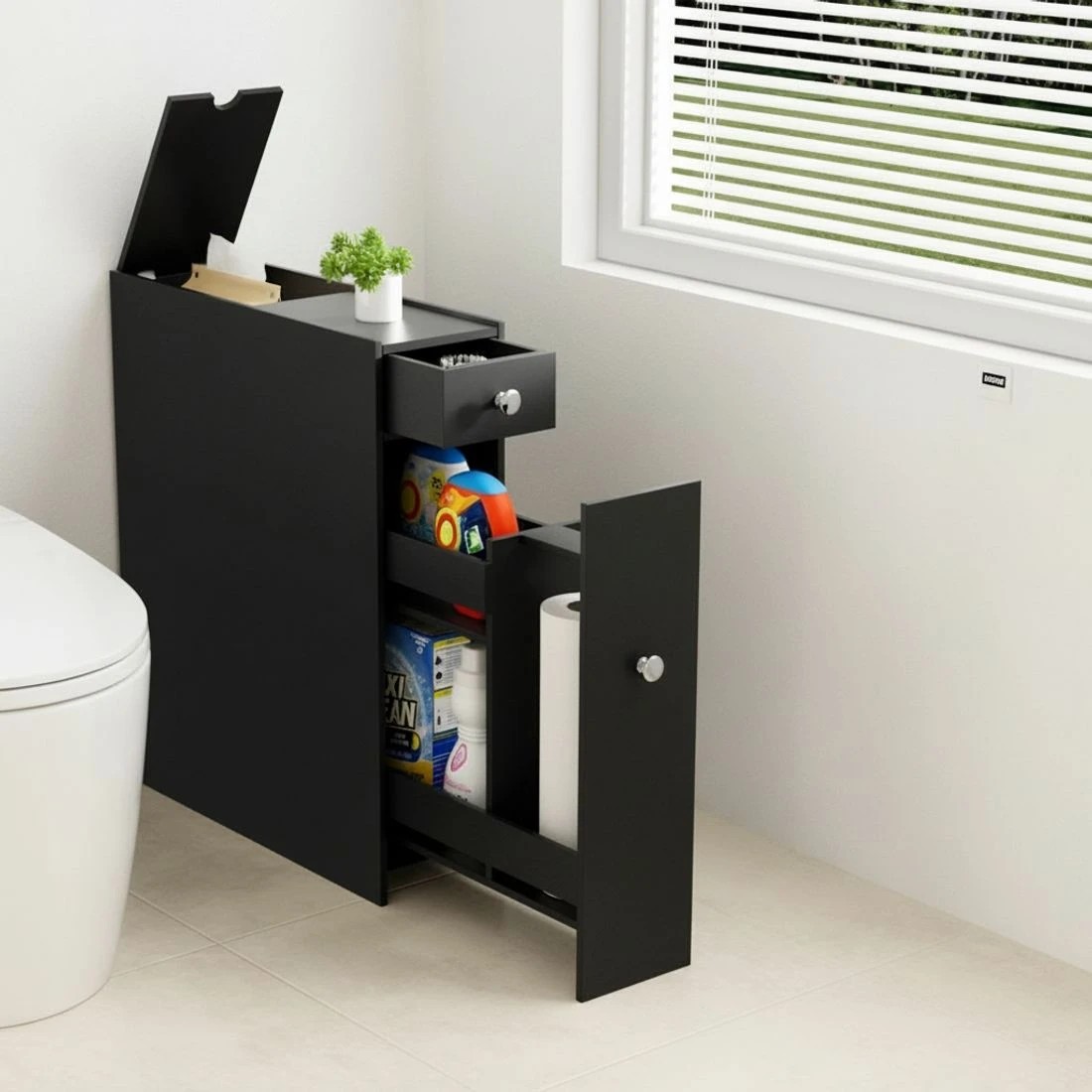 6 Artiss Bathroom Storage Cabinet Toilet Slim Tissue Box Caddy Holder Side Wooden - Black, 6 of 8