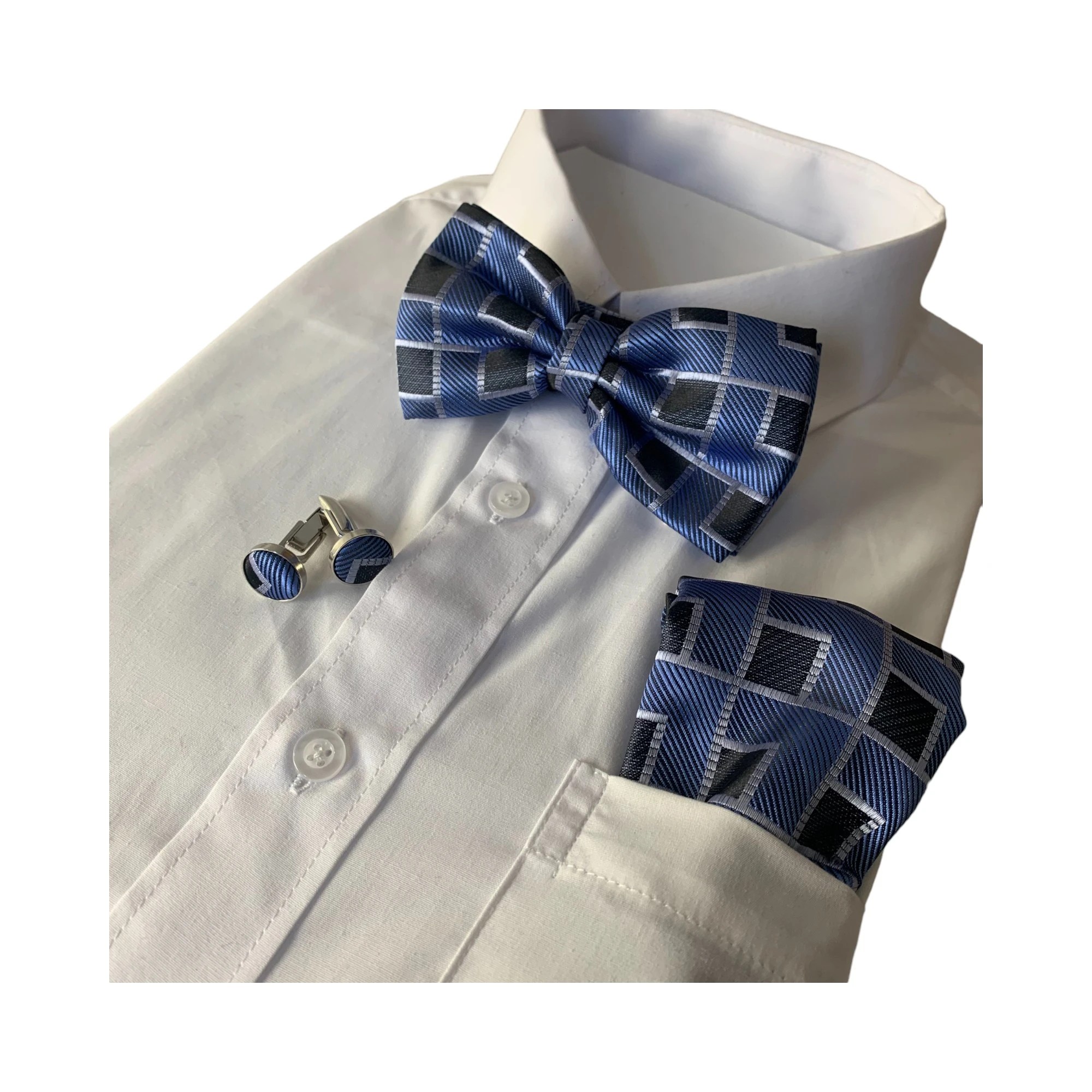 4 Zasel Mens Cornflower Blue Rectilinear Matching Bow Tie, Pocket Square & Cuff Links Set - Multi, 4 of 4