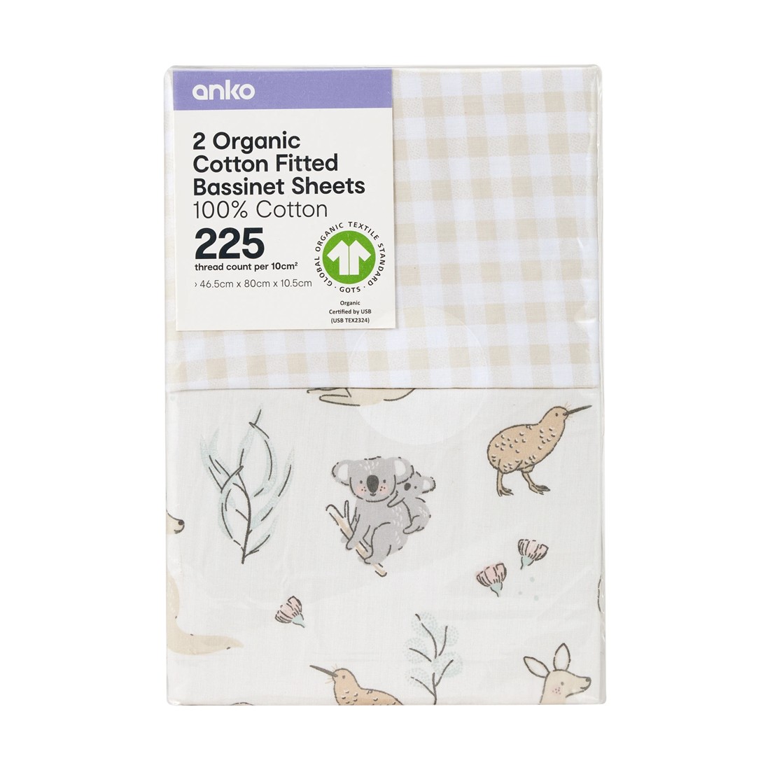 6 2 Pack 225 Thread Count Organic Cotton Fitted Bassinet Sheets - Australiana and Gingham Print, 6 of 6