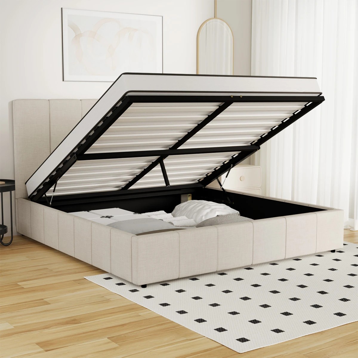 4 Oikiture Double Bed Gas Lift Base With Storage Bed Frame
 - Beige, 4 of 10