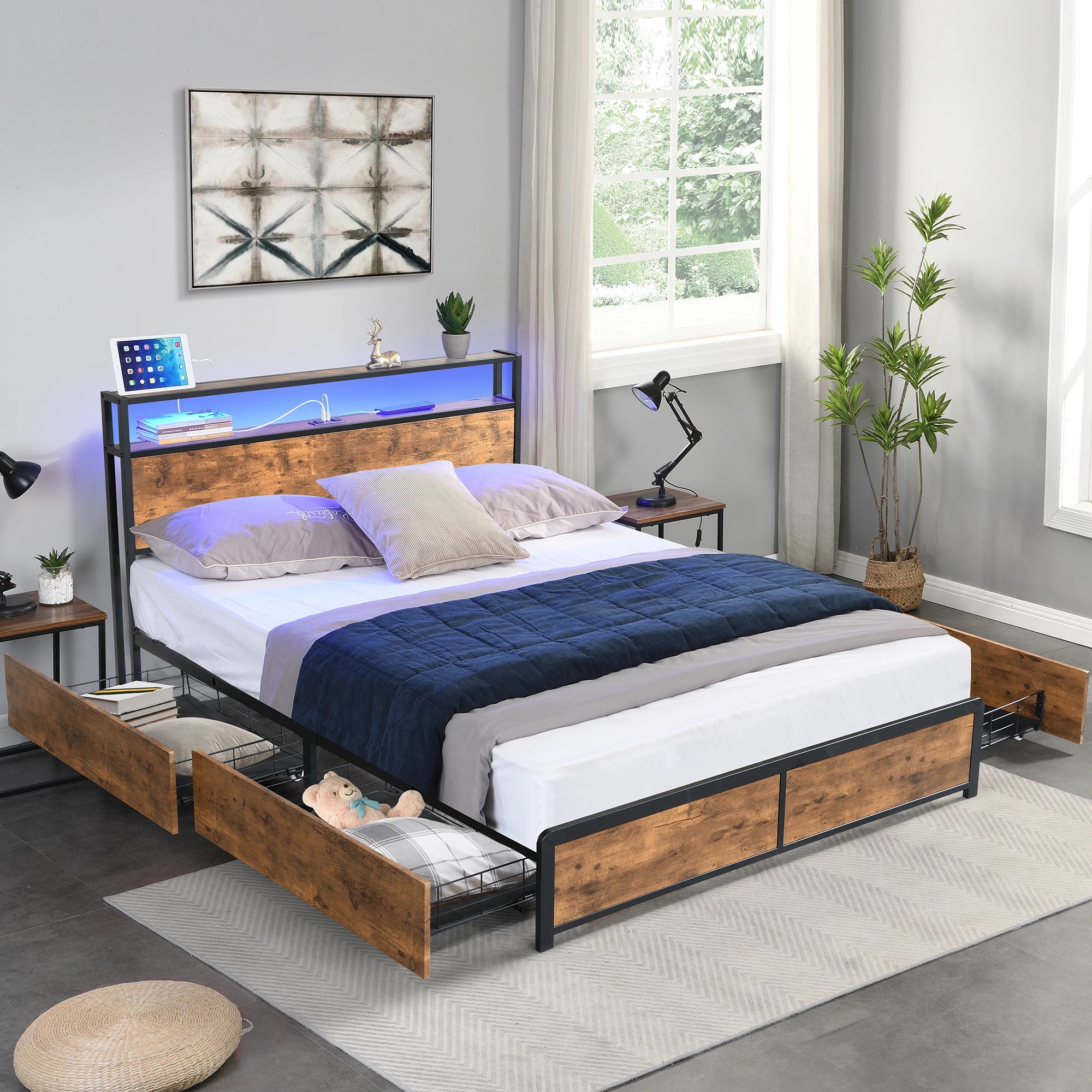 6 Levede Double Size Industrial Bed Frame with Drawers Light and Charging Station in Dark Grey, 6 of 6