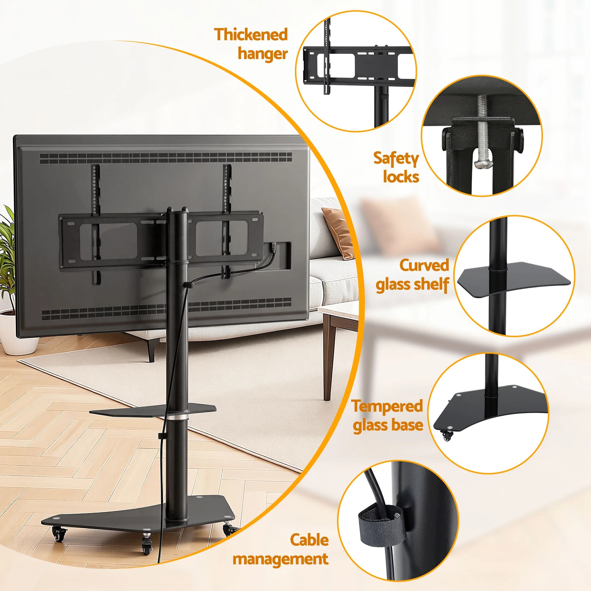 10 Artiss 40-100" TV Stand Mount Bracket Universal Adjustable Height with Wheels - Black, 10 of 10