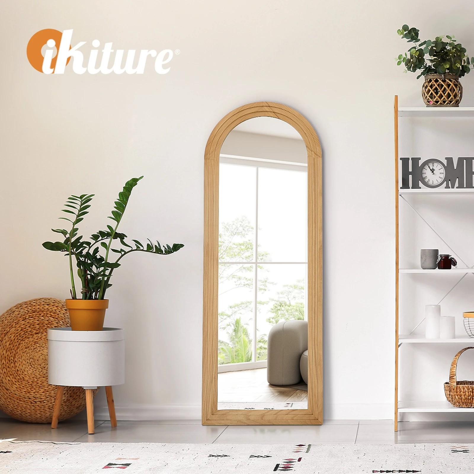 7 Oikiture Full Length Arch Mirror 165x60cm Wood Wall Mounted Home Decor - Natural, 7 of 10