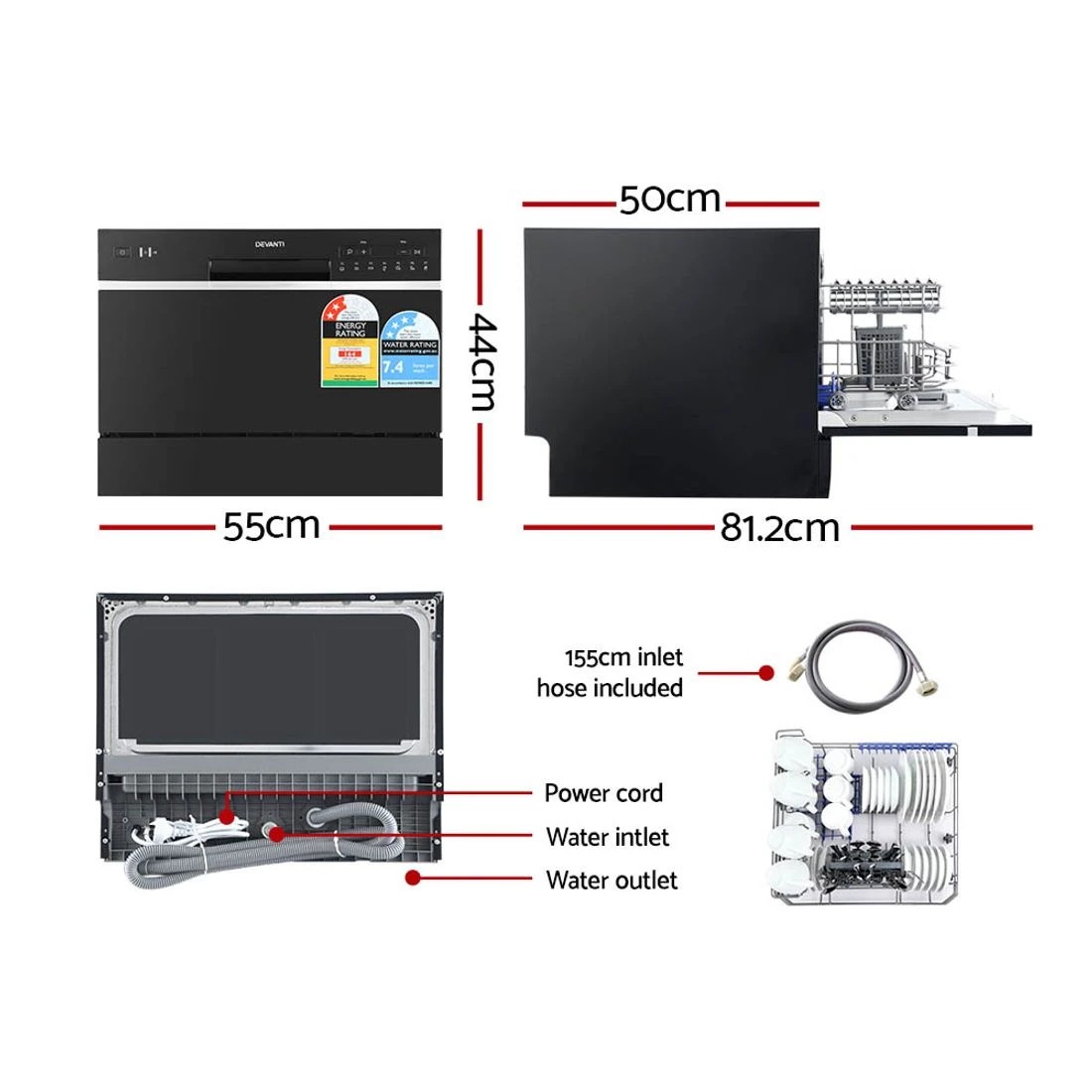 2 Devanti 6 Place Settings Benchtop Dishwasher - Black, 2 of 8