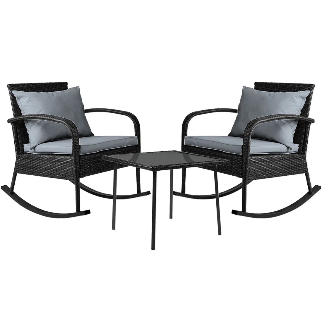 1 Gardeon 3PC Rocking Chair Table Wicker Outdoor Furniture Patio Bistro Set - Black, 1 of 8
