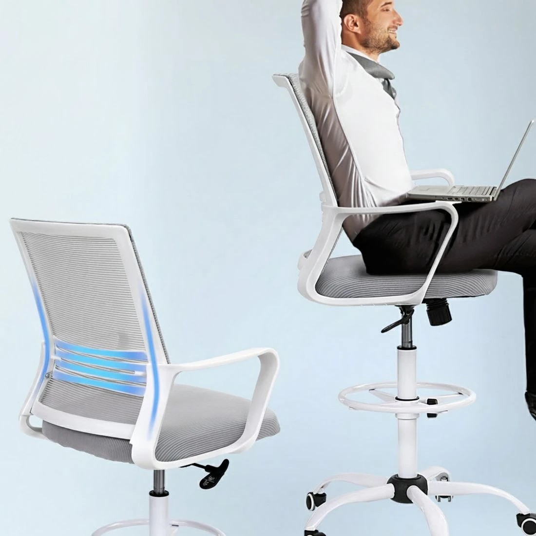 5 Artiss Mesh Office Chair Drafting Chair Ergonomic Studios Work Armchair - Grey, 5 of 6