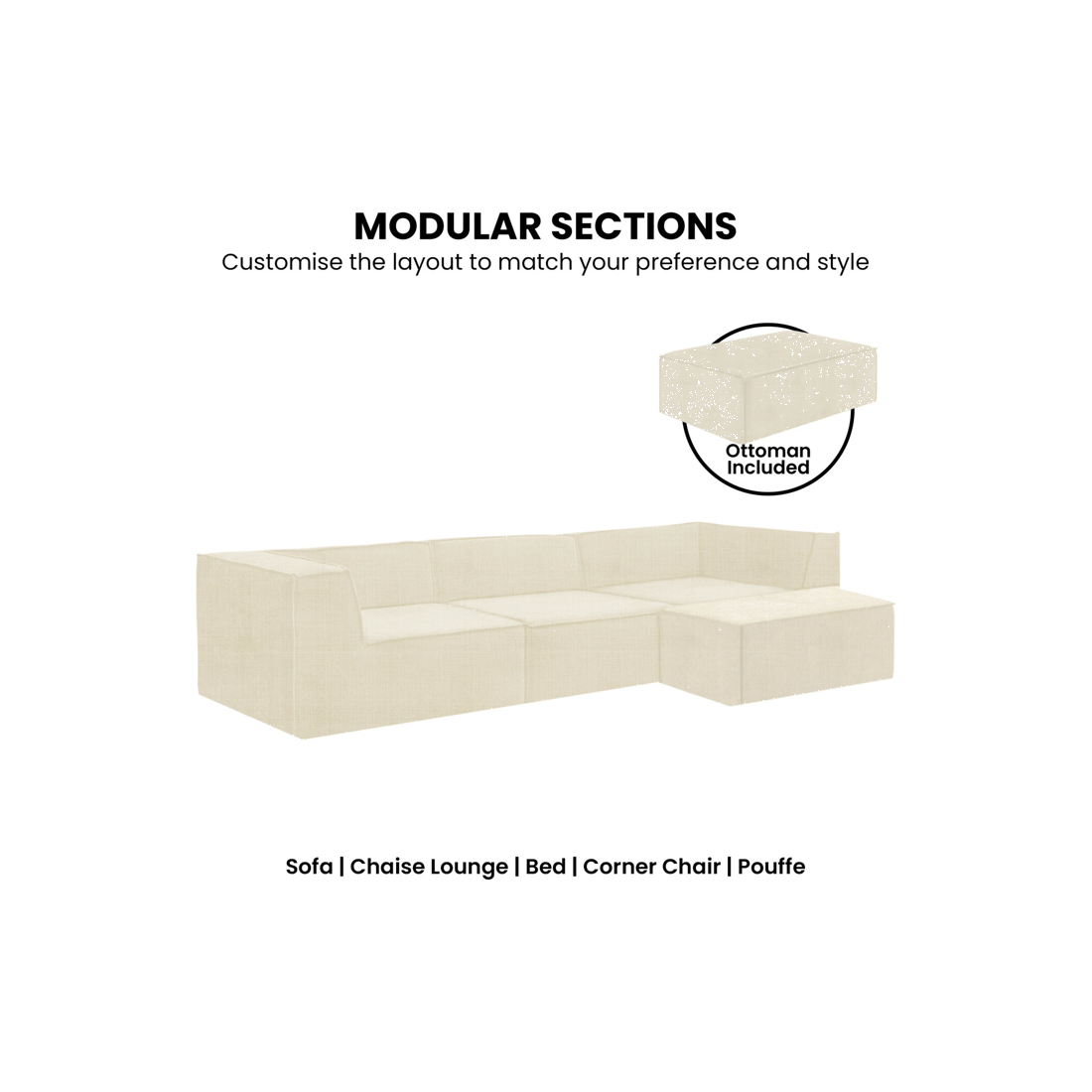 7 Sarantino Novi 3-Seater Modular Sofa with Ottoman in Cream Non-Slip Bottom Lounge, 7 of 10