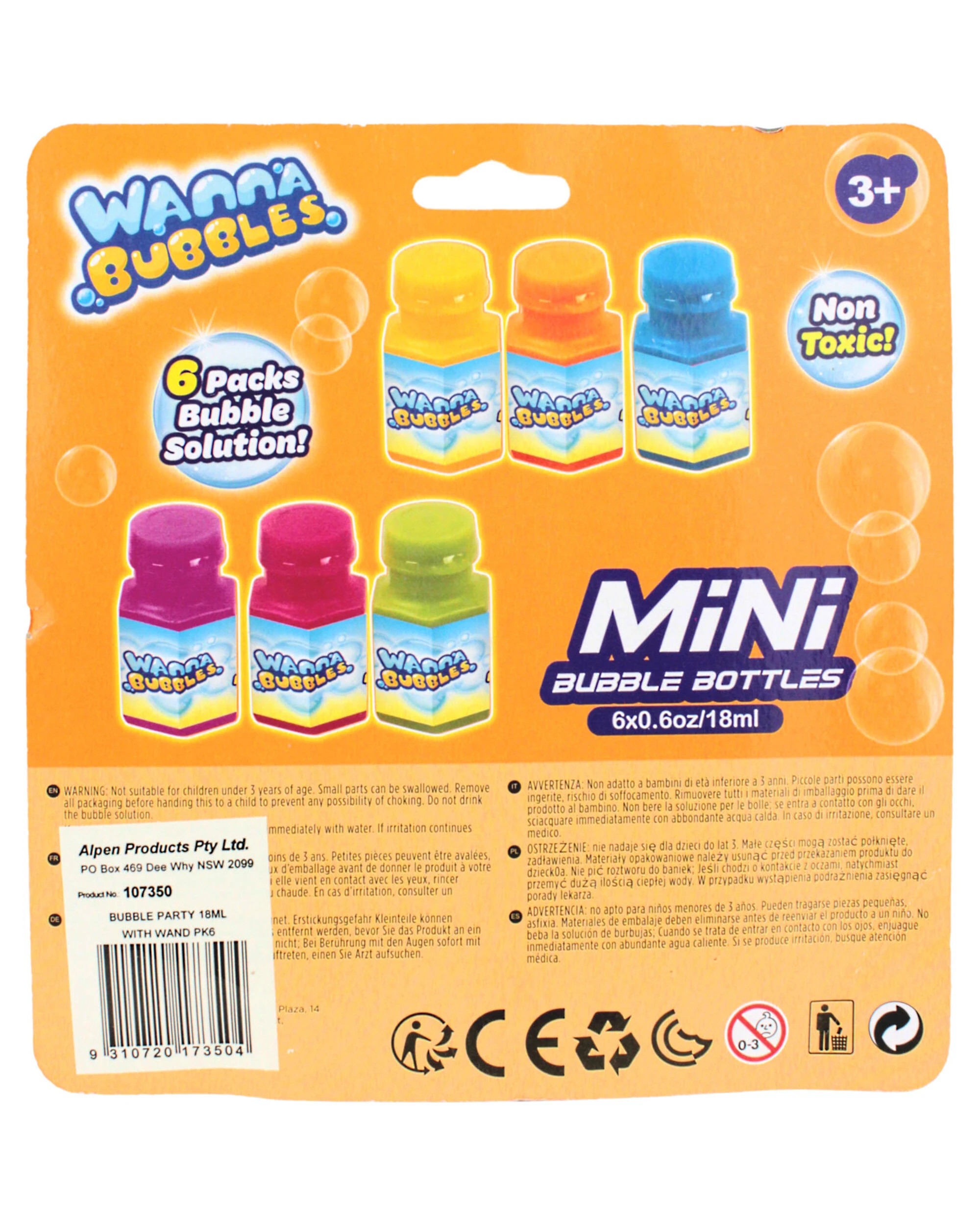 3 Alpen Coloured Mini Bubble Bottles Pack of 6 - Multi, 3 of 3