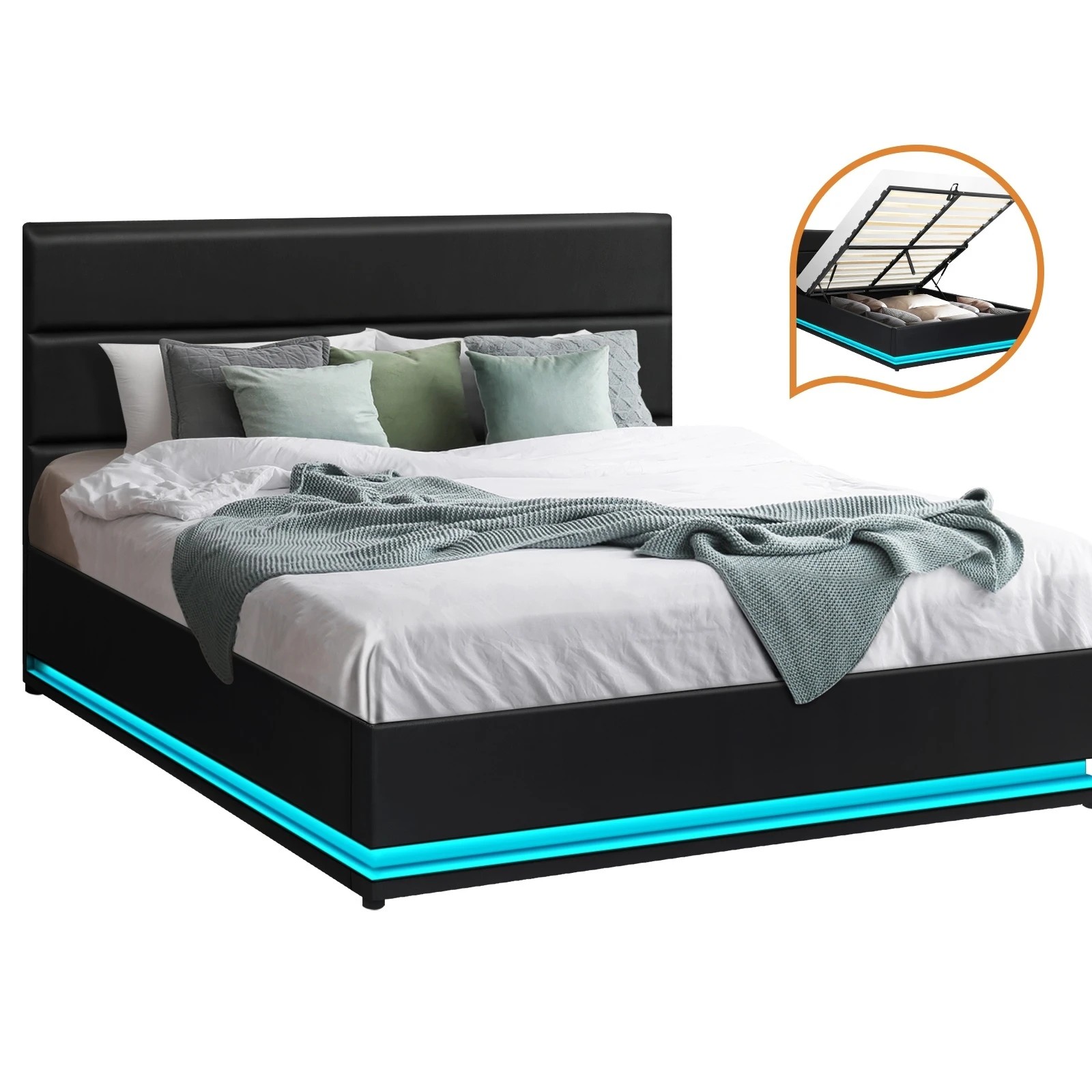 1 Oikiture Rgb Led Queen Bed Frame Gas Lift Base With Storage
 - Black, 1 of 10