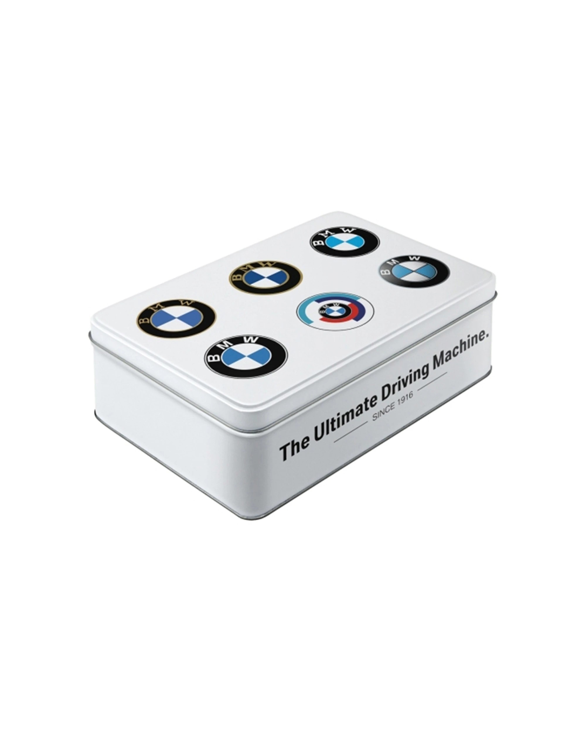 1 Nostalgic Art Flat Tin Storage Box Embossed Design 2.5L Capacity - BMW Logo Evolution - White, 1 of 1