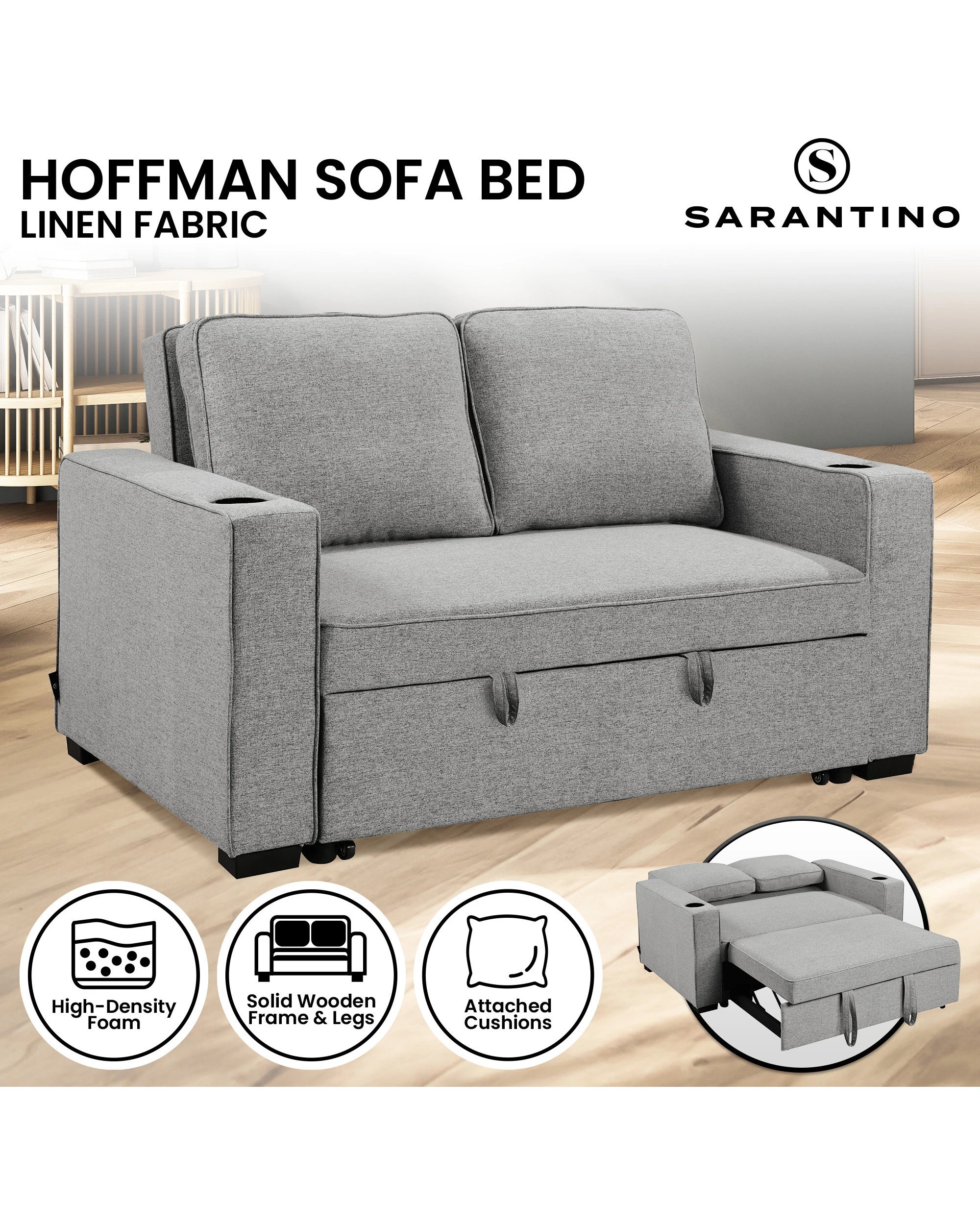 10 Sarantino Hoffman Linen Sofa Bed With Cushions And Cup Holders Light Grey, 10 of 10