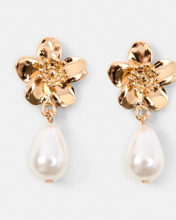 Small Flower and Faux Pearl Drop Earrings - Gold Tone