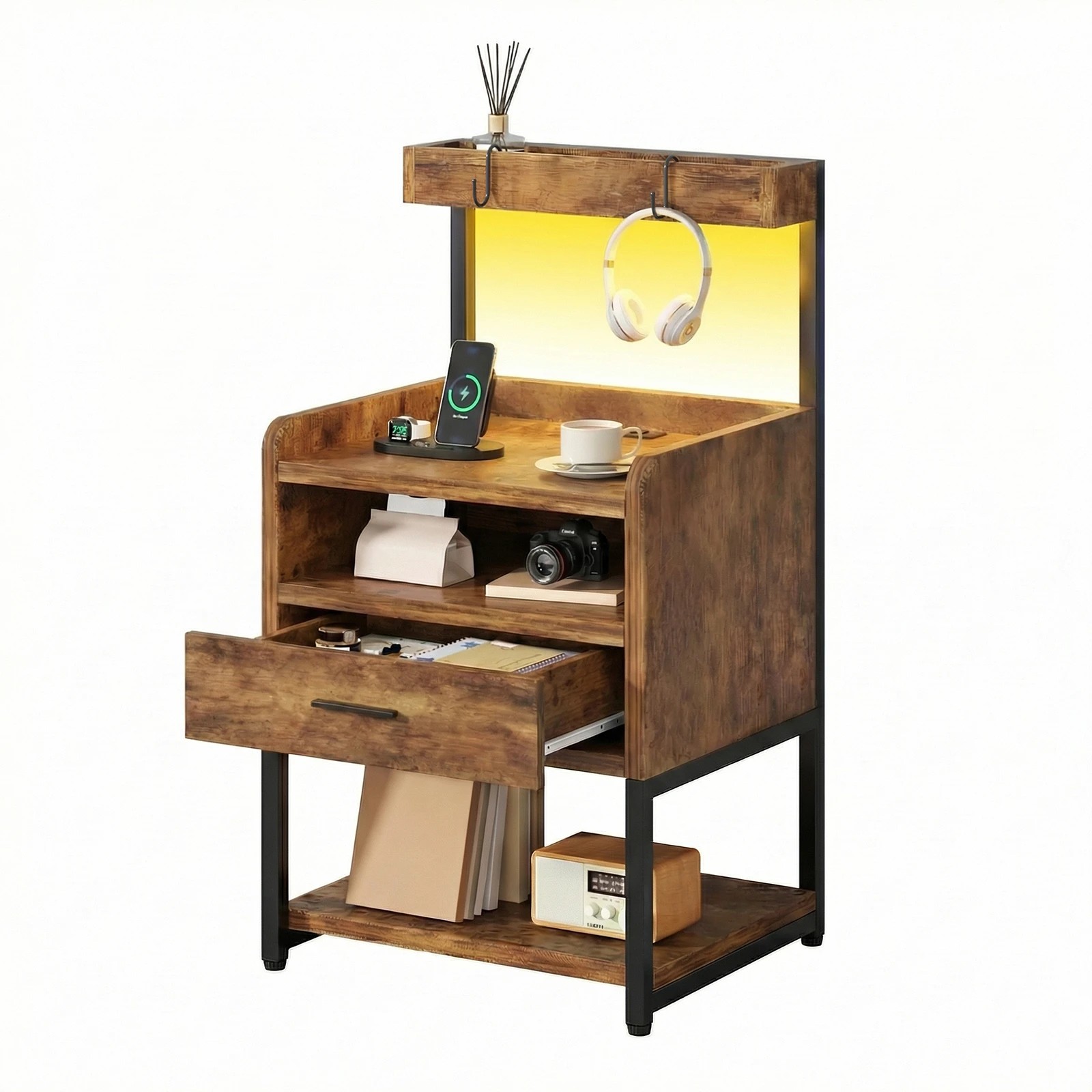 1 Advwin Bedside Table with Charging Station LED Lights Drawer and Open Storage Shelves - Brown, 1 of 10