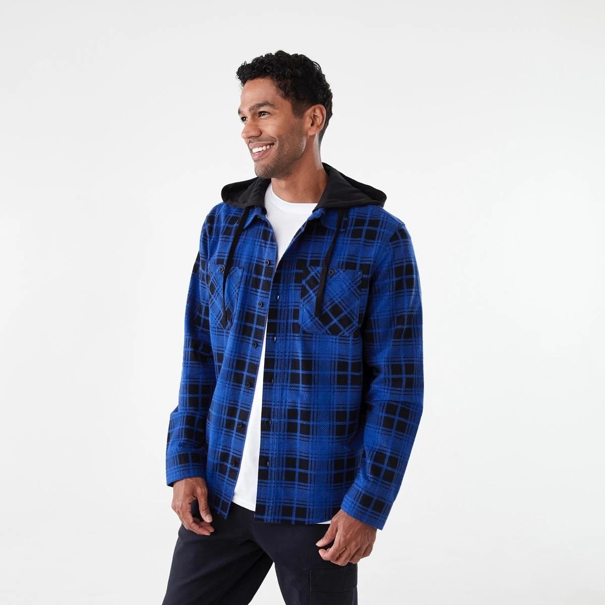 3 Workwear Long Sleeve Hooded Shirt Blu Check, 3 of 7