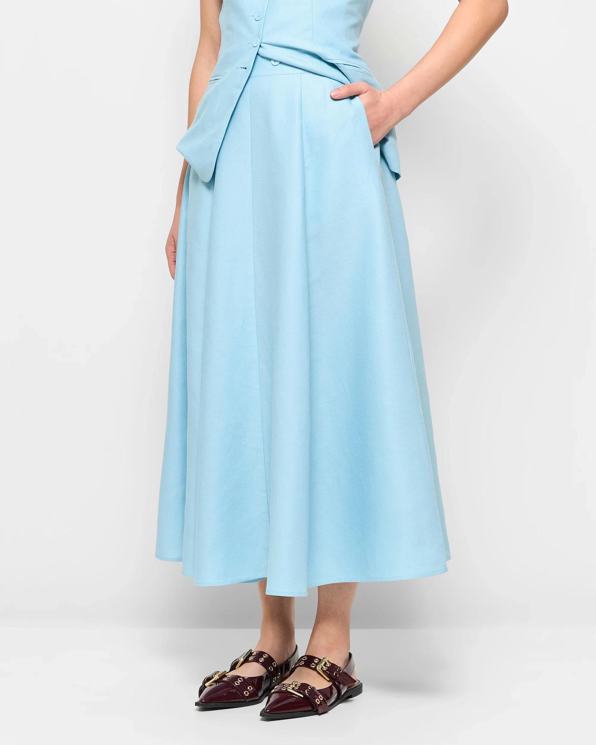2 Linen Blend A-Line Midi Skirt - Preview AZURE SKY, 2 of 5