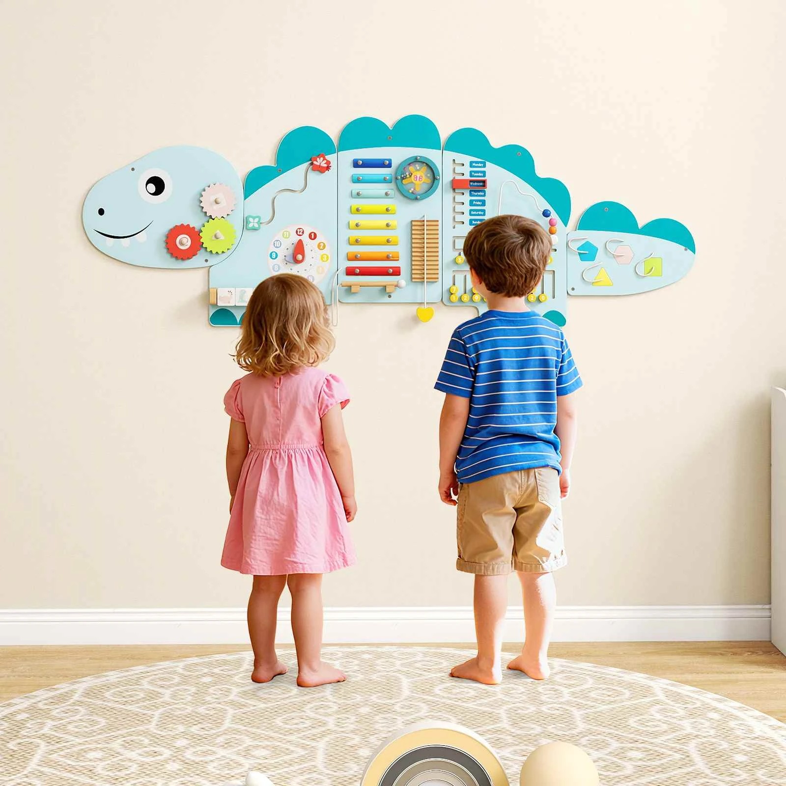 3 Costway 11in1 Wall Busy Board Panels Dinosaur-themed Sensory Board - Blue, 3 of 3