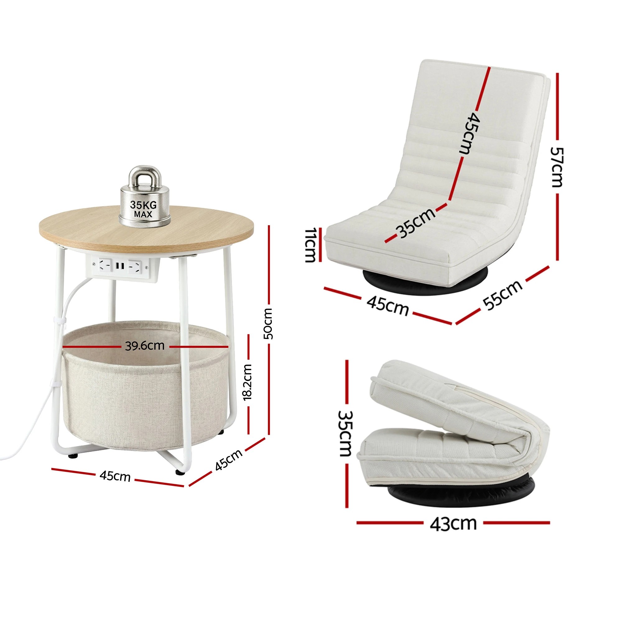 2 Artiss Floor Lounge & Round Coffee Table Side End Table with Charging Station Set - Multi, 2 of 9