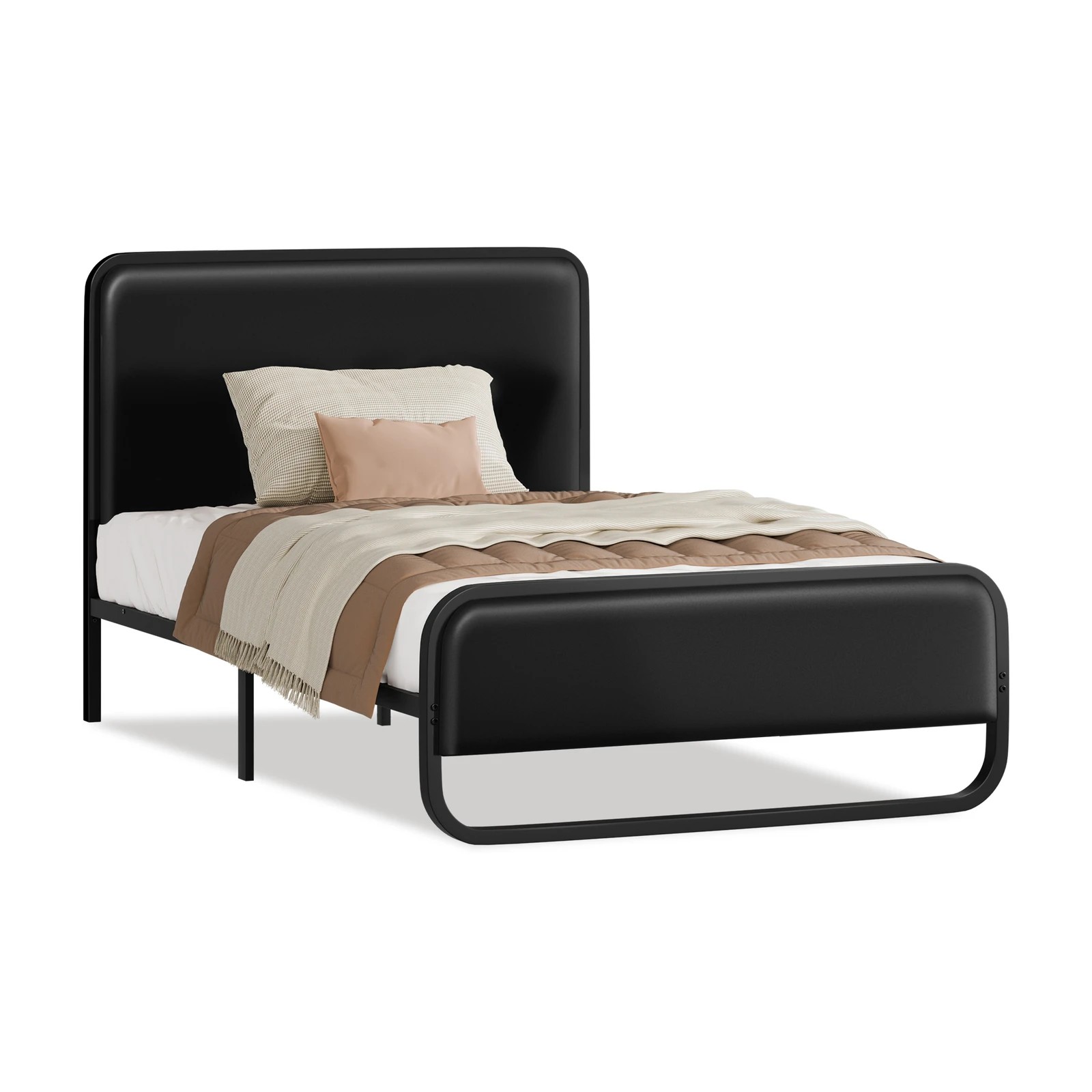 1 Alfordson Metal Bed Frame Single Size Upholstered Headboard Leather Madge - Black, 1 of 10