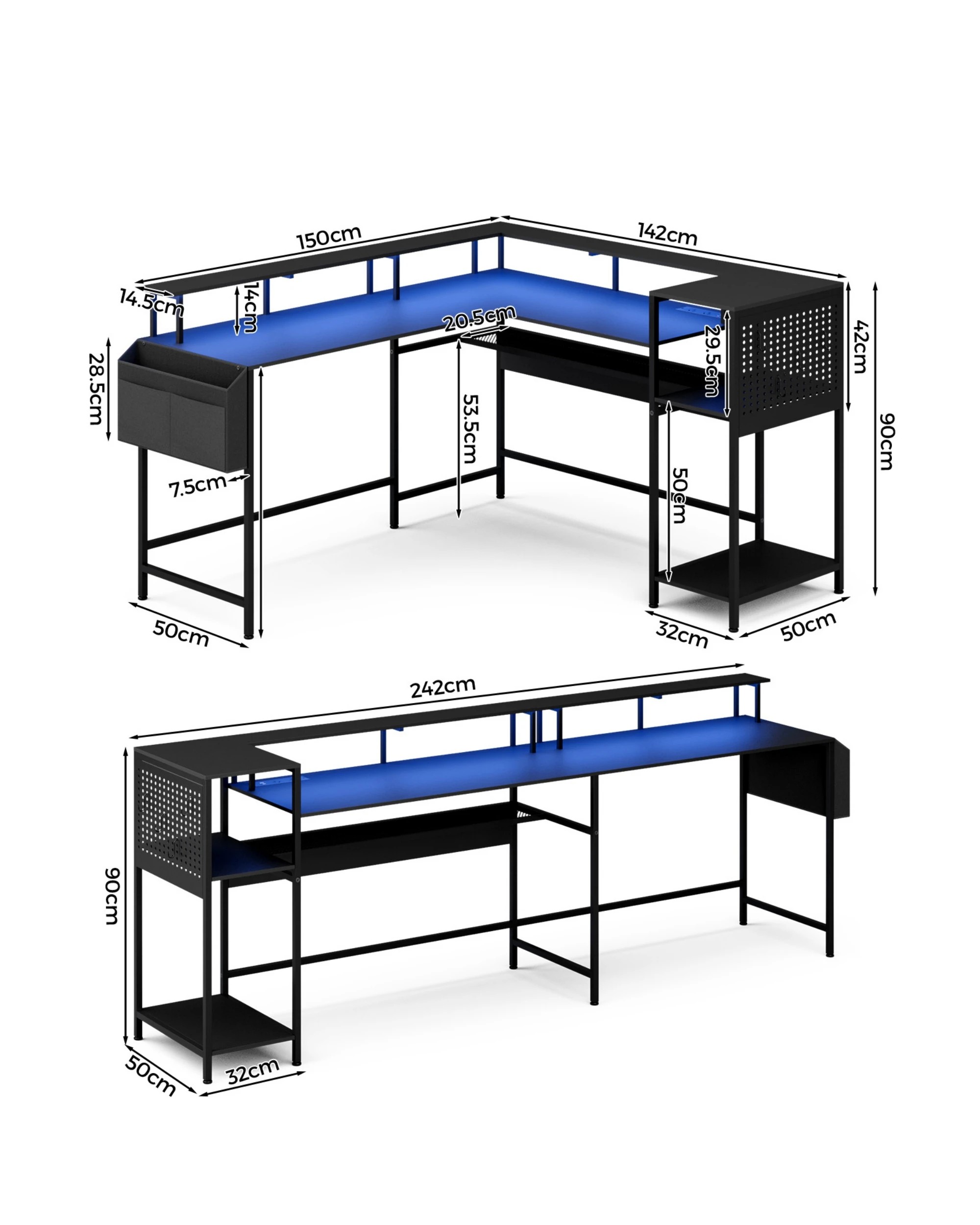 5 Advwin 150cm Convertible Gaming Computer Desk w/ LED Lights & Power Outlets  - Black, 5 of 10