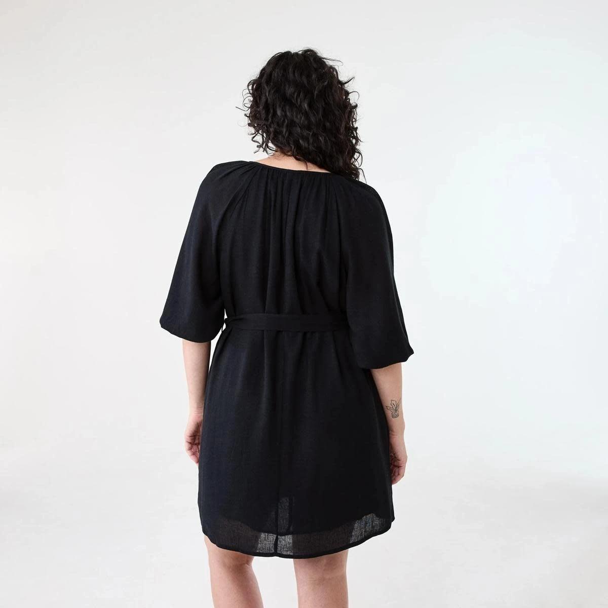4 Elbow Sleeve Linen Blend Mini Dress BLACK, 4 of 10