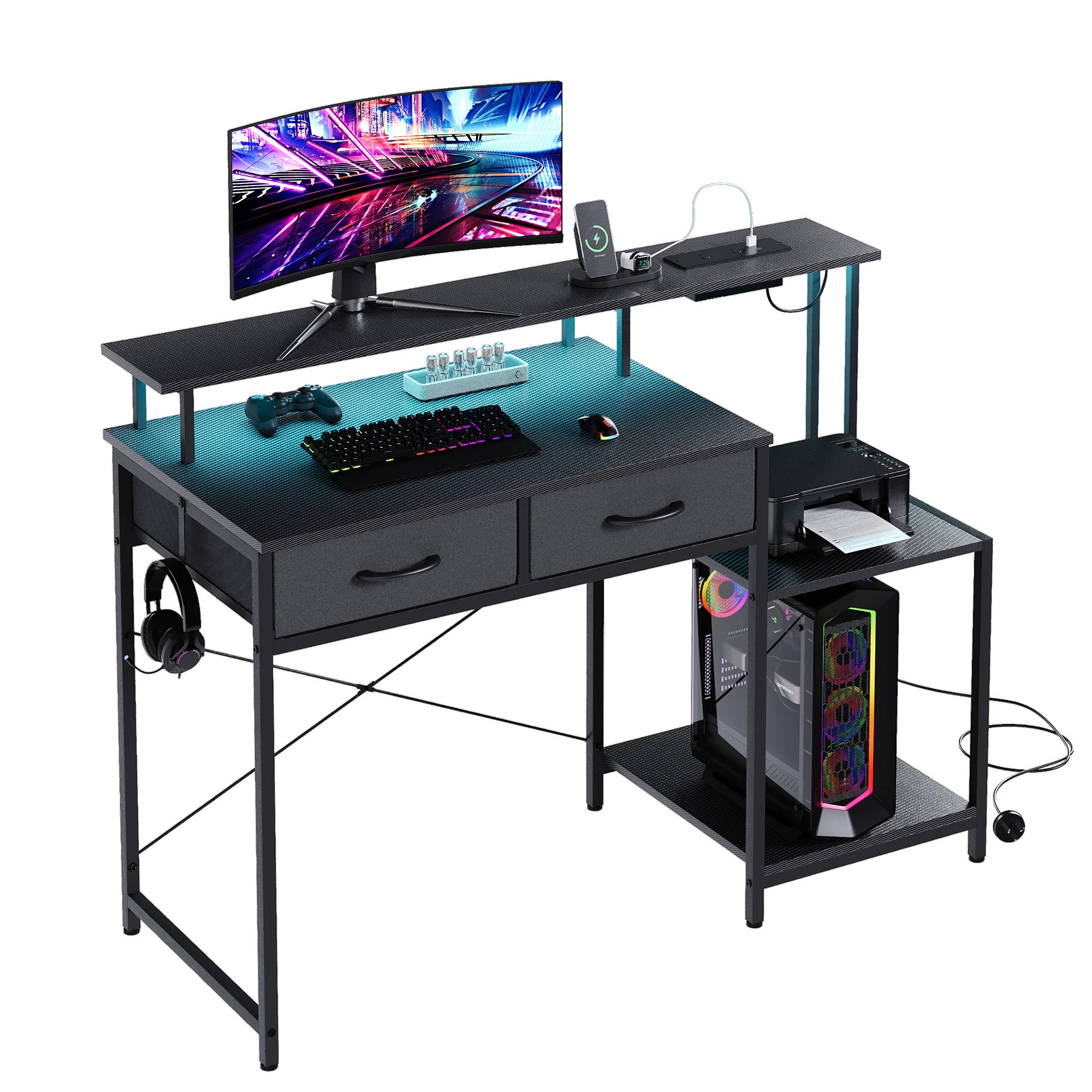 1 Advwin 120cm Computer Gaming Desk With Led Lights Power Outlets Reversible Printer Storage Shelf, 1 of 10