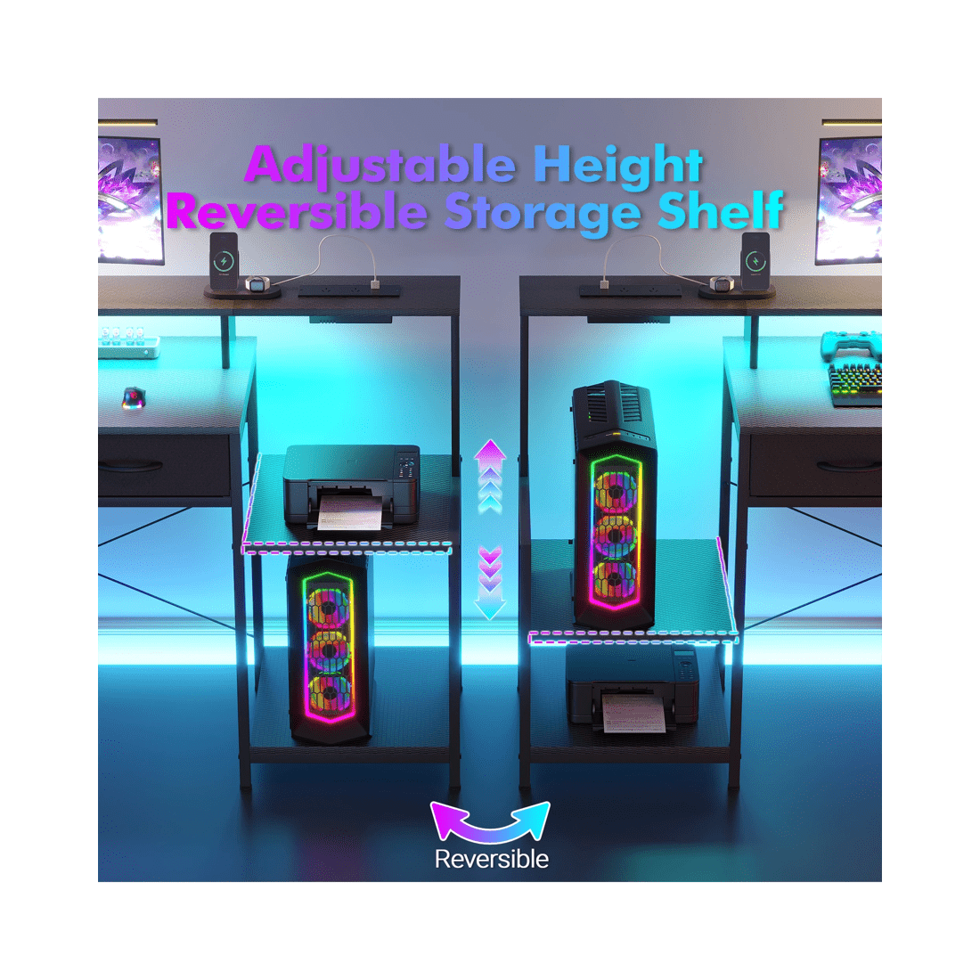 8 Advwin 120cm Computer Gaming Desk With Led Lights Power Outlets Reversible Printer Storage Shelf Black, 8 of 10