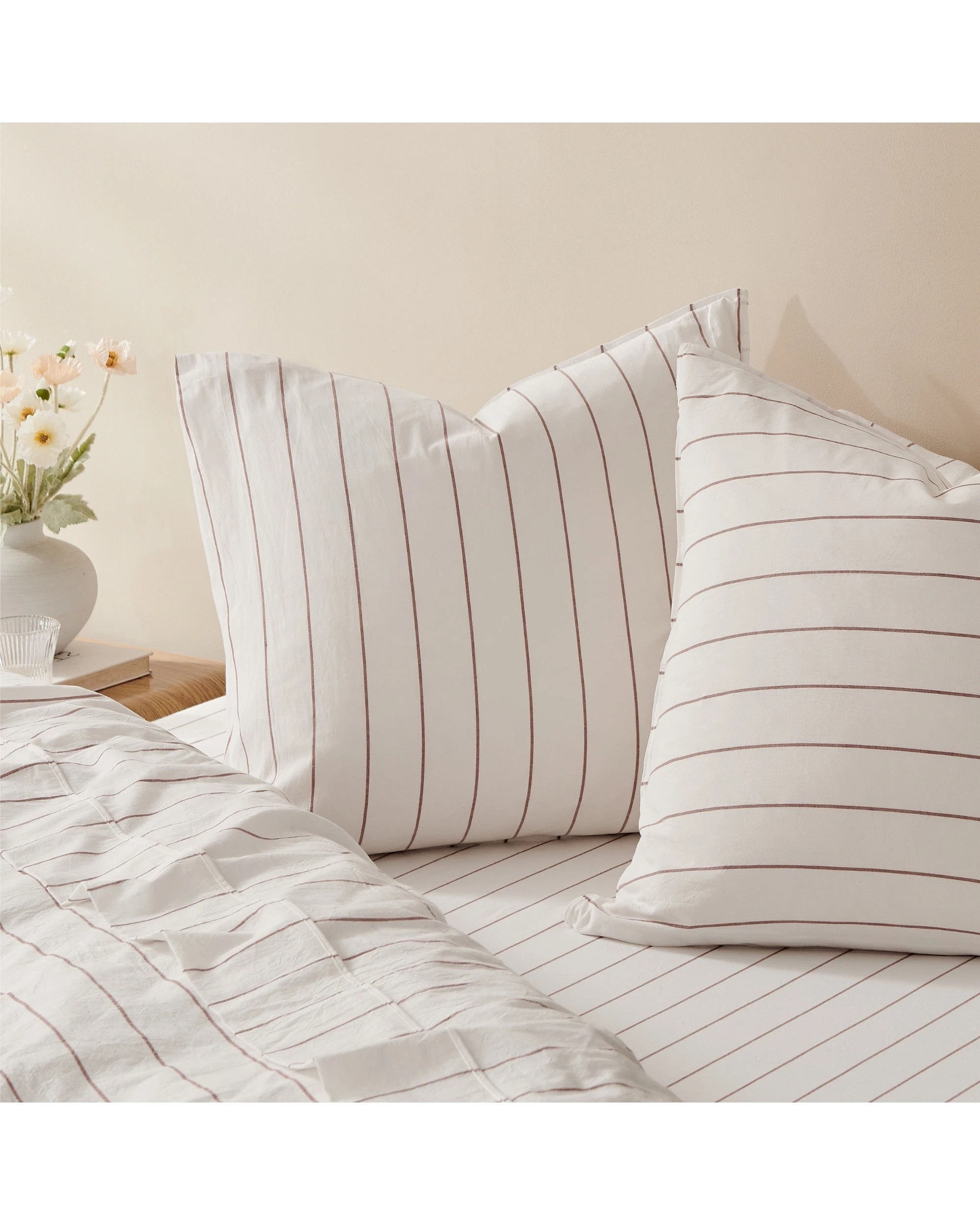 3 Dreamaker Rumi Stripe Washed Cotton Reversible European Pillowcase Twin Pack - White with Rust, 3 of 4