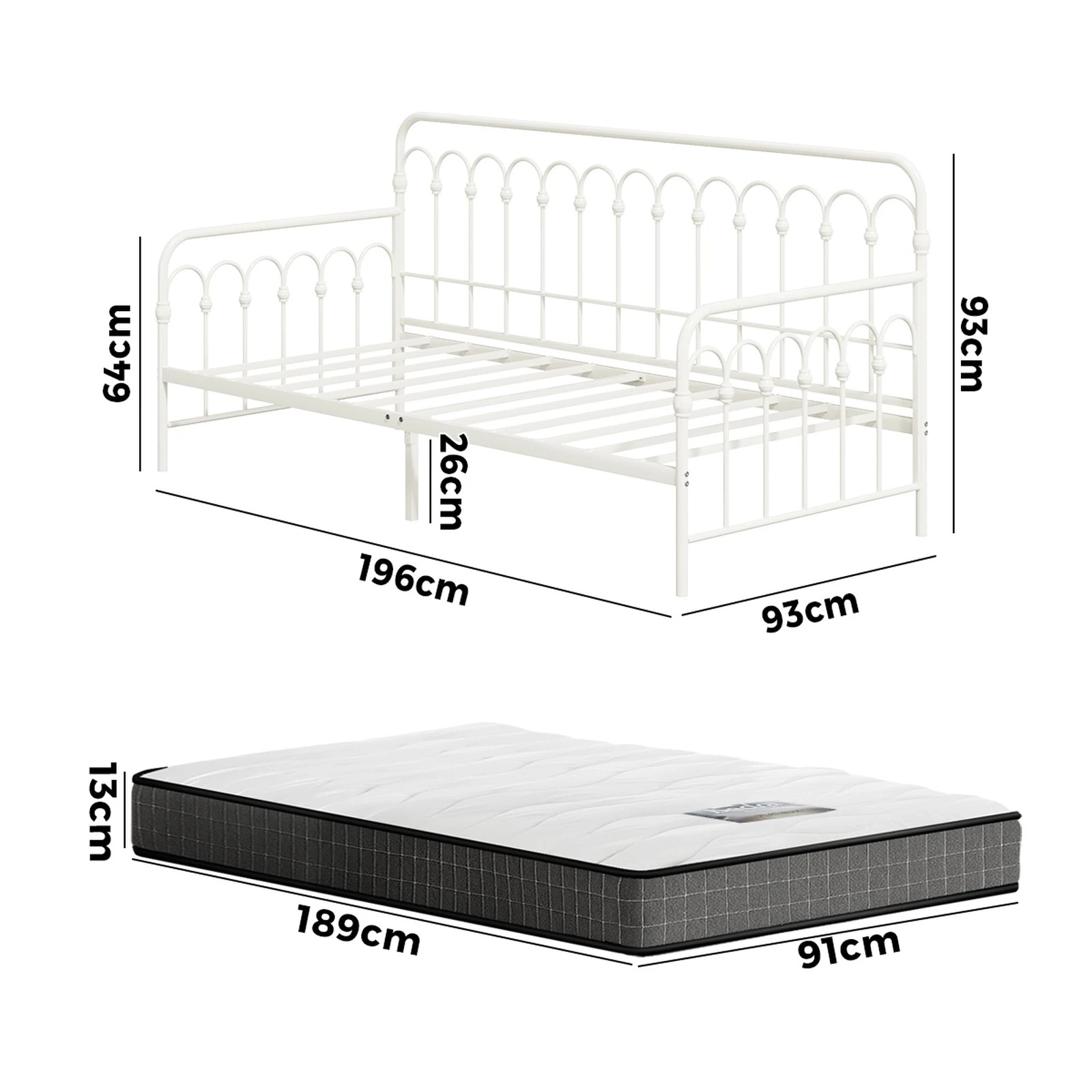 2 Oikiture Metal Daybed Frame Single Size Sofa Bed Support with Mattress - Beige, 2 of 10