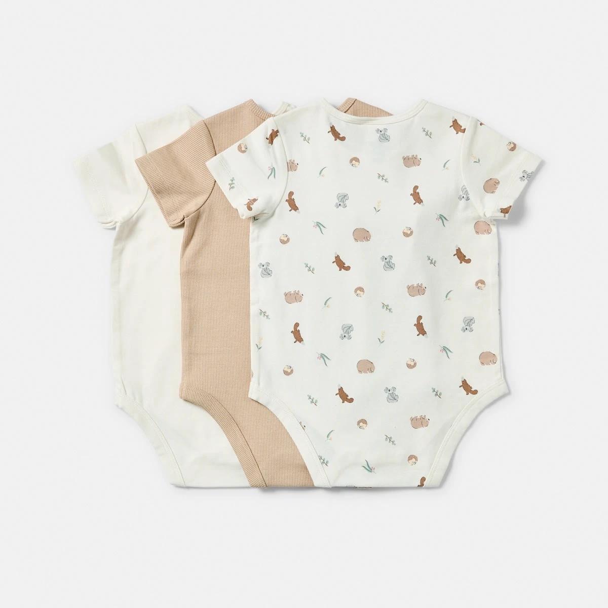 2 3 Pack Short Sleeve Print Bodysuits TAN WOMBAT, 2 of 8
