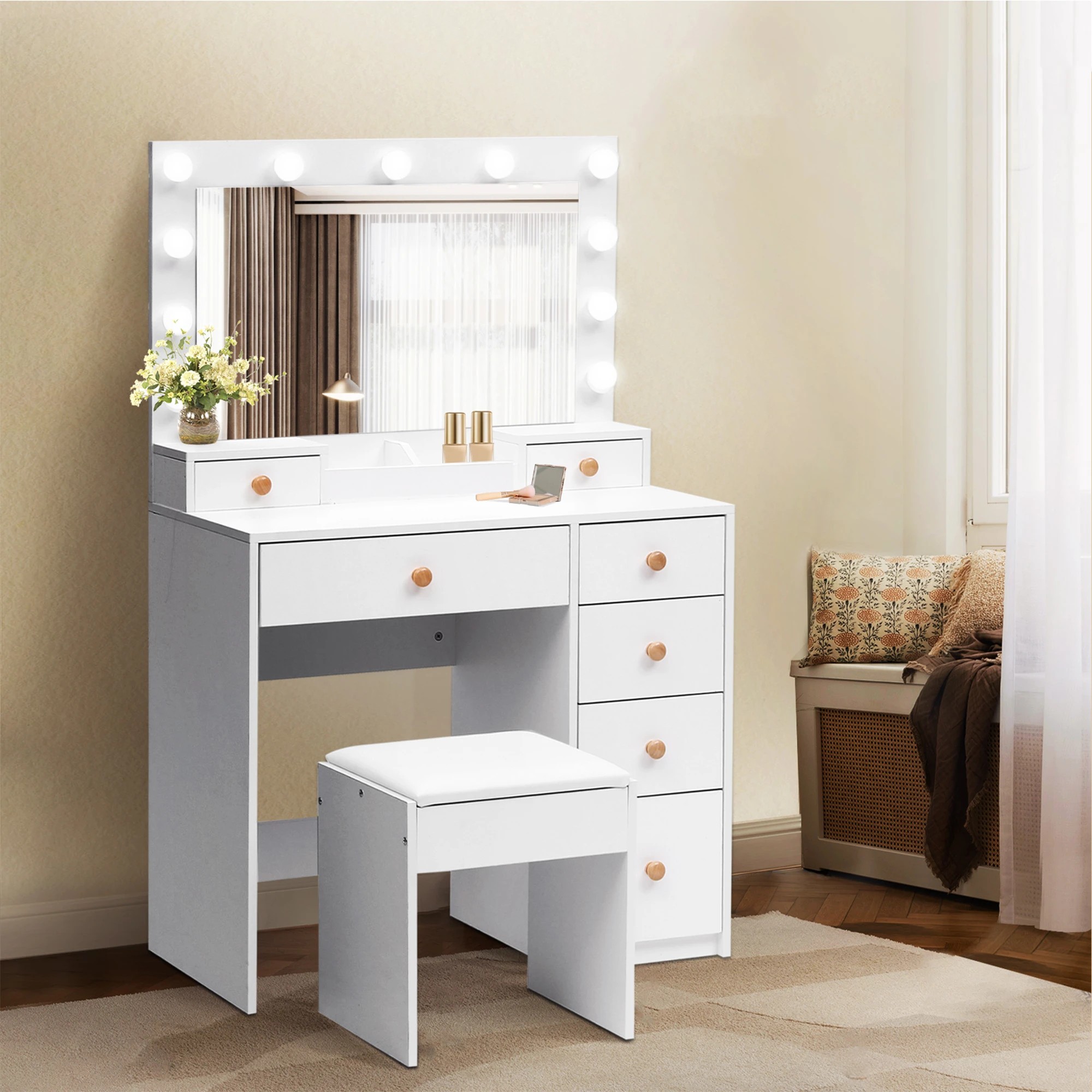 7 Levede Dressing Table Stool Set 11 Bulb Makeup Mirror Vanity Desk Cabinet White, 7 of 9