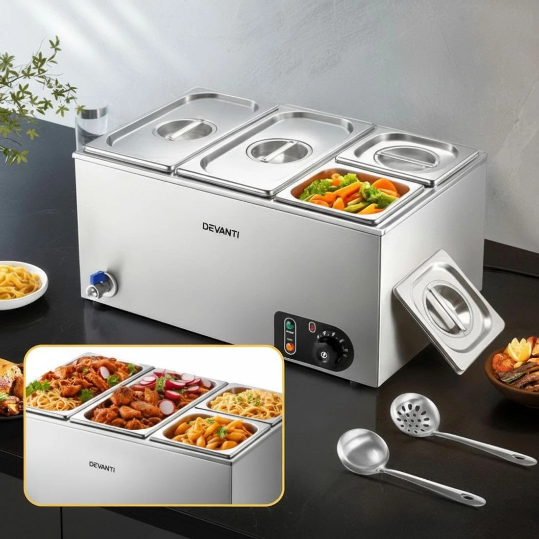 6 Devanti Commercial Food Warmer Bain Marie 4 Electric Buffet Pans - Silver, 6 of 6