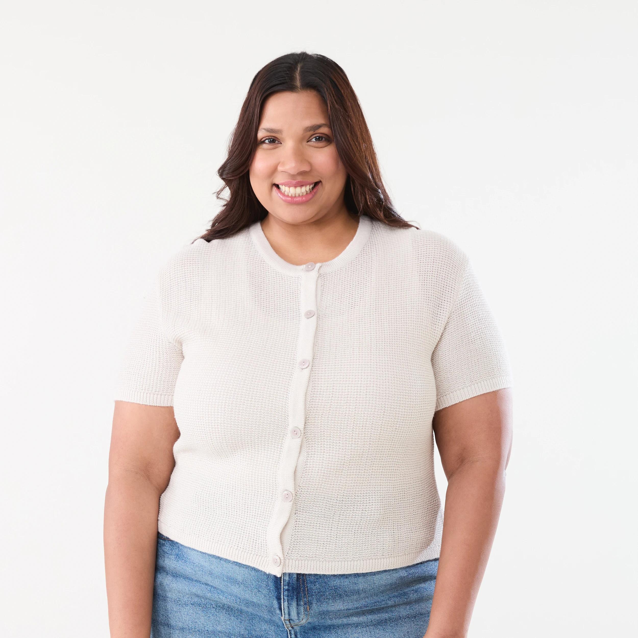 1 Curve Short Sleeve Lurex Cardigan Natural Beige, 1 of 4
