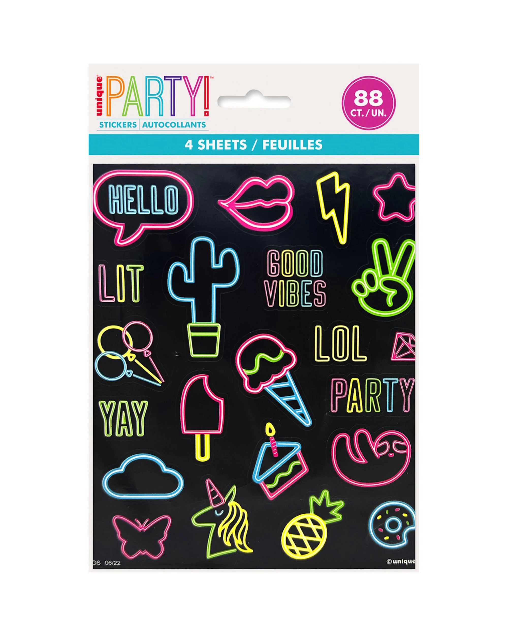 1 Unique Glow Party Neon Stickers Pack of 88 - Multi, 1 of 1