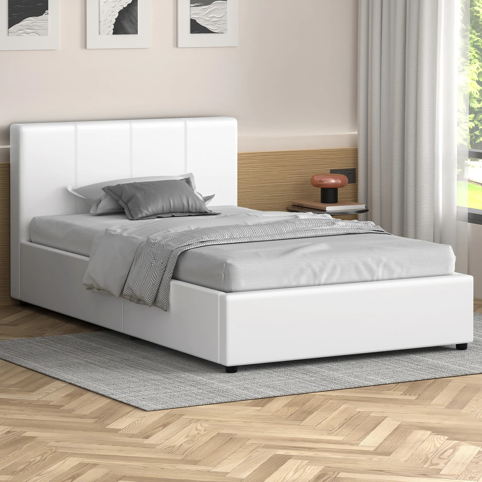 2 Alfordson Bed Frame Single Size Gas Lift Storage Base Leather Tricia - White, 2 of 10