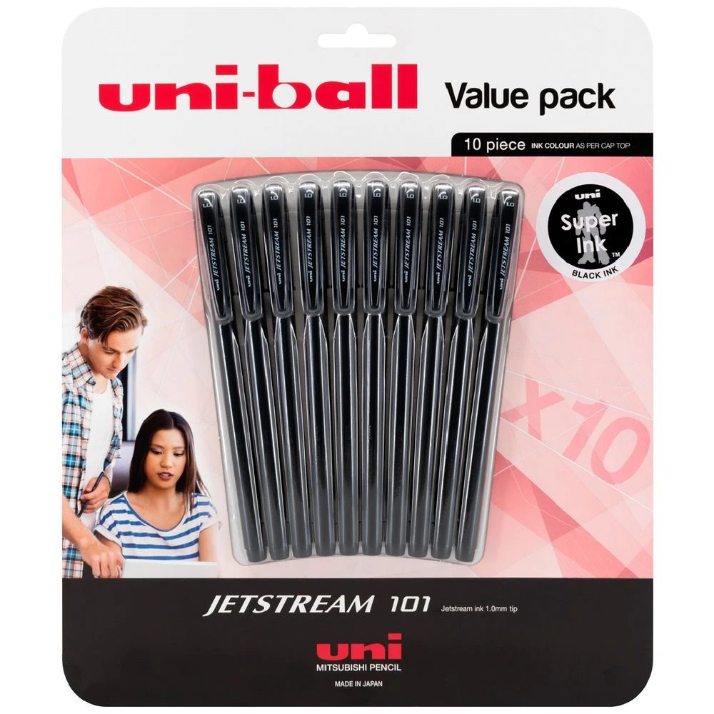 1 Uniball Jetstream 101 Rollerball Pens Black 10 Pack, 1 of 2