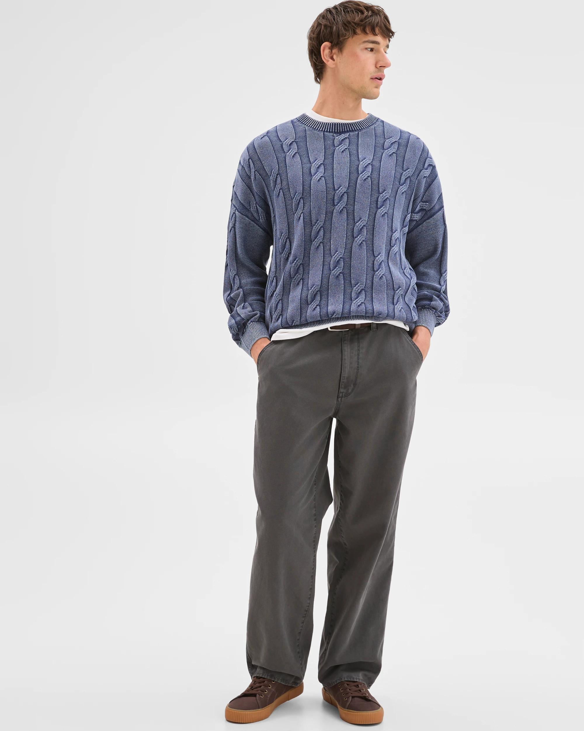 2 Commons Australian Cotton Cable Knit Washed Crew Jumper ACID NAVY, 2 of 8