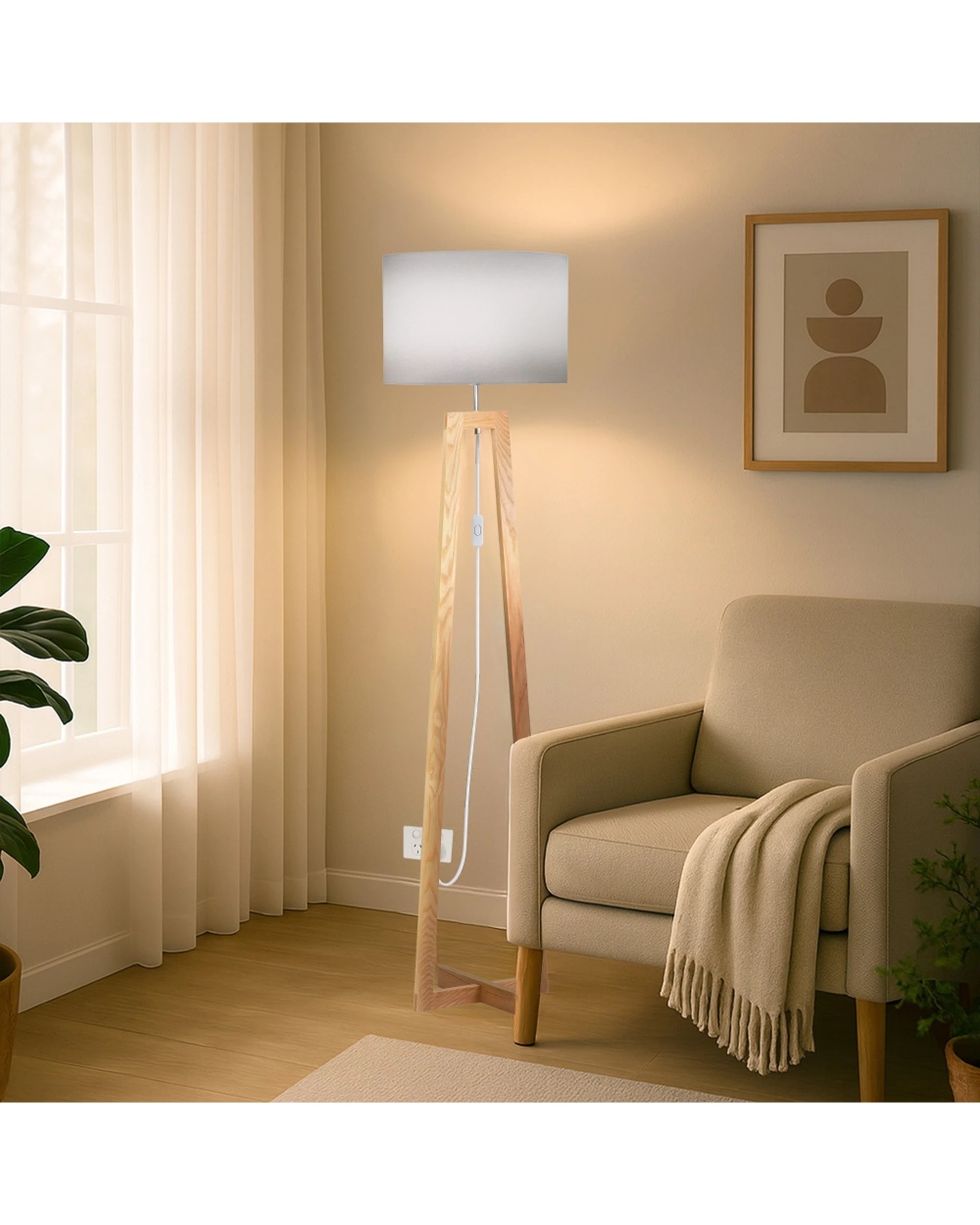 2 Urban Style Dana Floor Lamp Shade Tripod Timber Base Inline Switch - Grey, 2 of 4