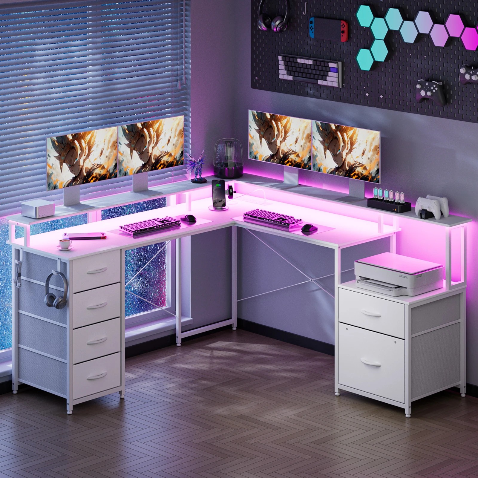 4 Advwin L Shaped Gaming Desk With Led Lights & Power Outlets, 4 of 9