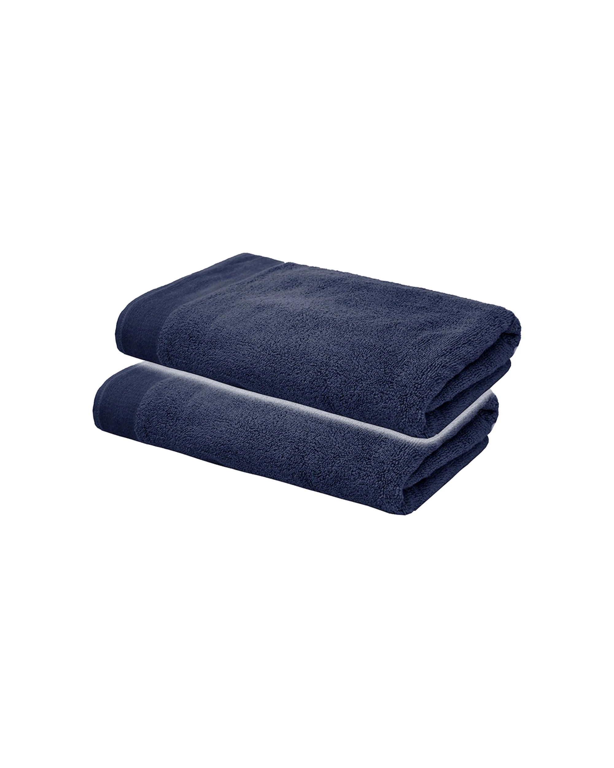 1 Bambury 2pc 68x137cm Navy Cotton Bath Towels 600gsm Elvire Collection Soft Ribbed Border Set
 - Blue, 1 of 3