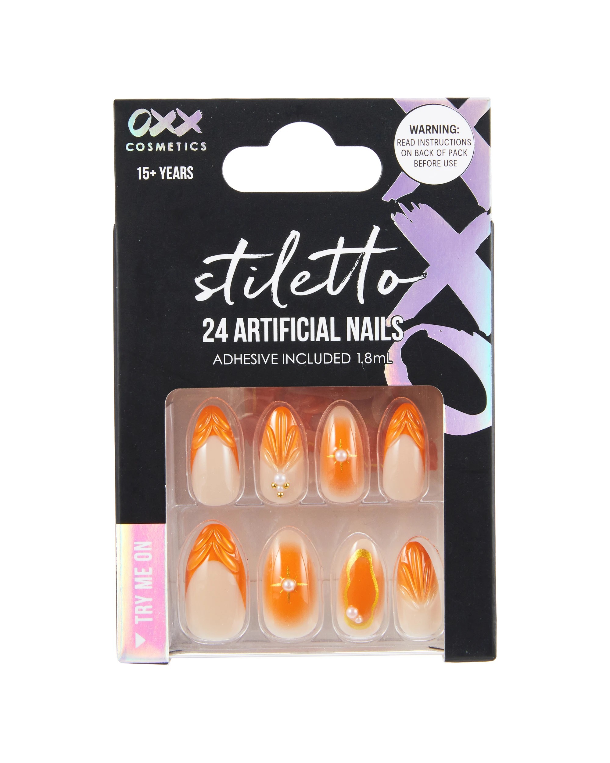 1 OXX Cosmetics 24 Pack Artificial Nails with Adhesive - Stiletto, Orange, 1 of 4