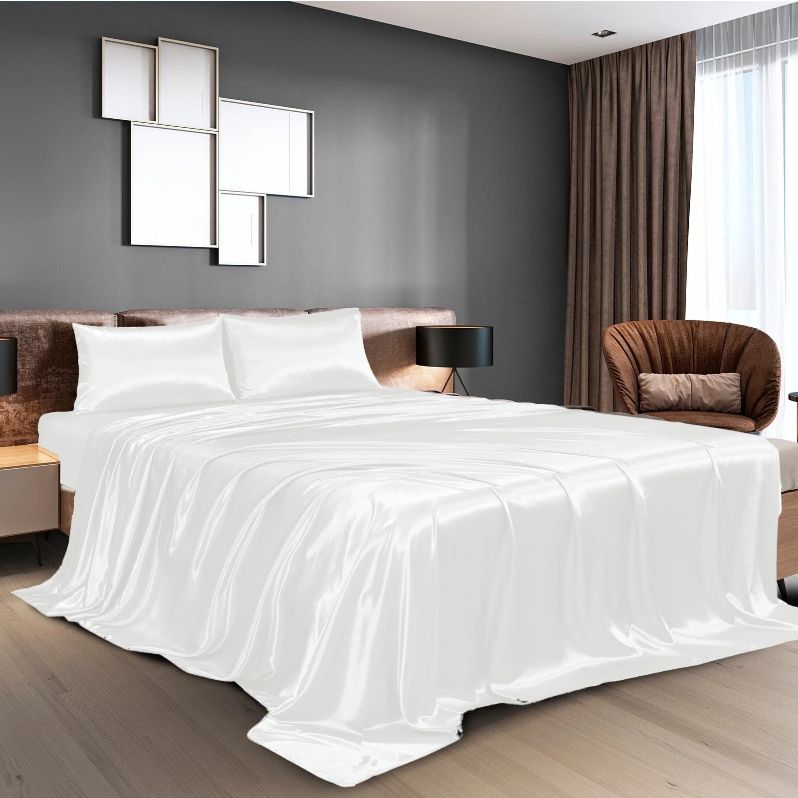 2 Royal Comfort Satin Sheet Set 4 Piece Fitted Flat Sheet Pillowcases Silky Smooth - King Bed - White, 2 of 9