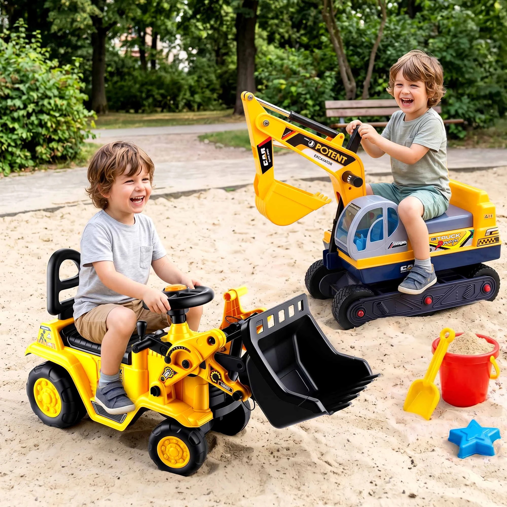 2 Keezi Kids Ride On Toy Car Bulldozer and Digger with Helmet Outdoor Sandpit Toys Yellow - Yellow, 2 of 9