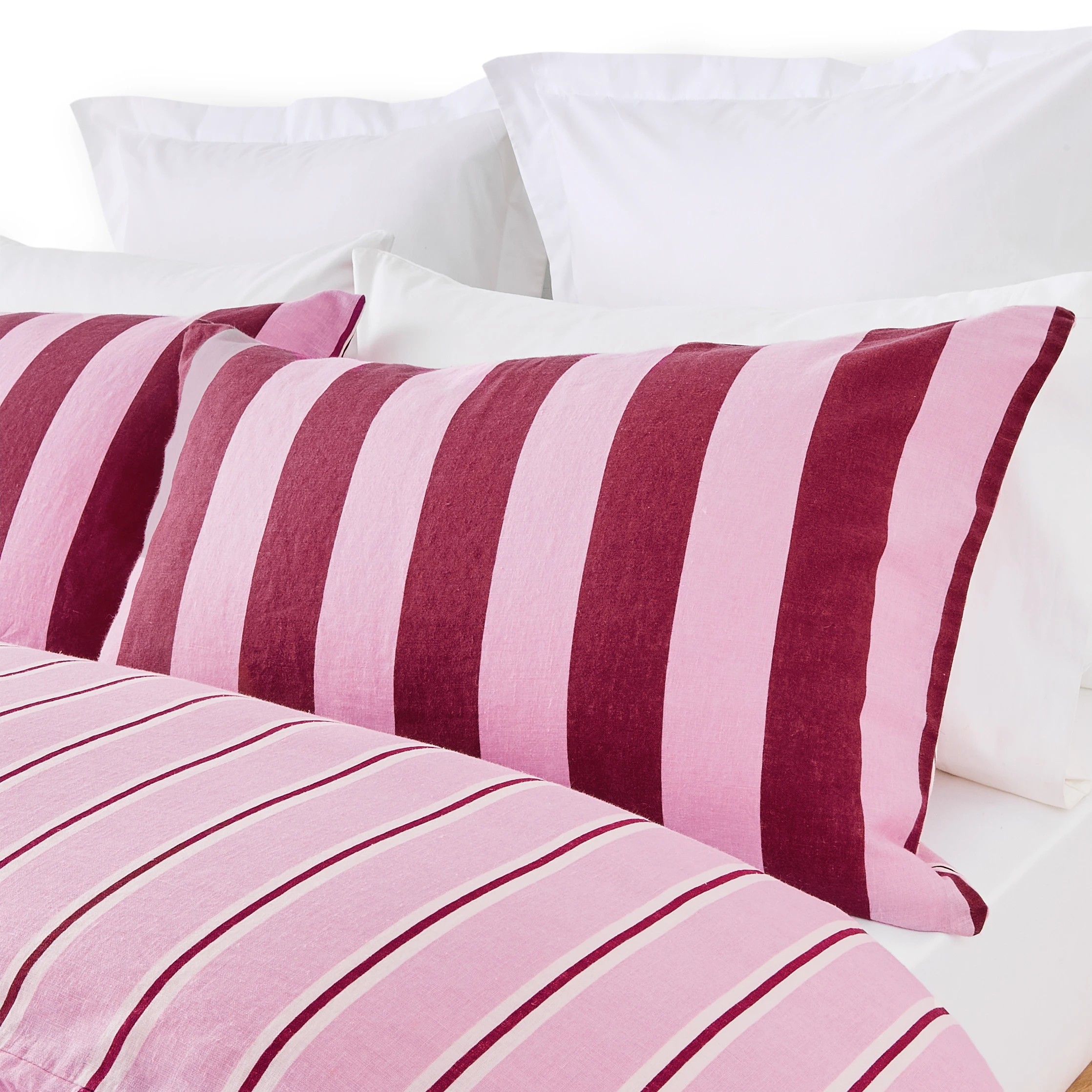 3 Stripe Cotton Linen Reversible Quilt Cover Set - Queen Bed, Berry, 3 of 7