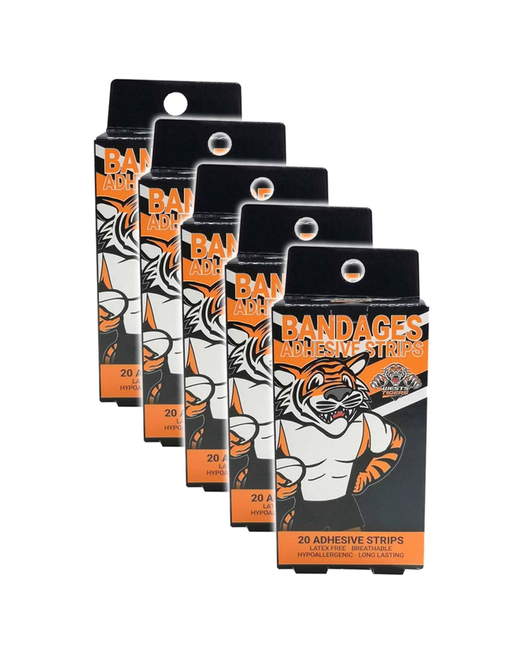 1 NRL Mascot 5x 20pc Wests Tigers Kids Adhesive Strips - Black, 1 of 1