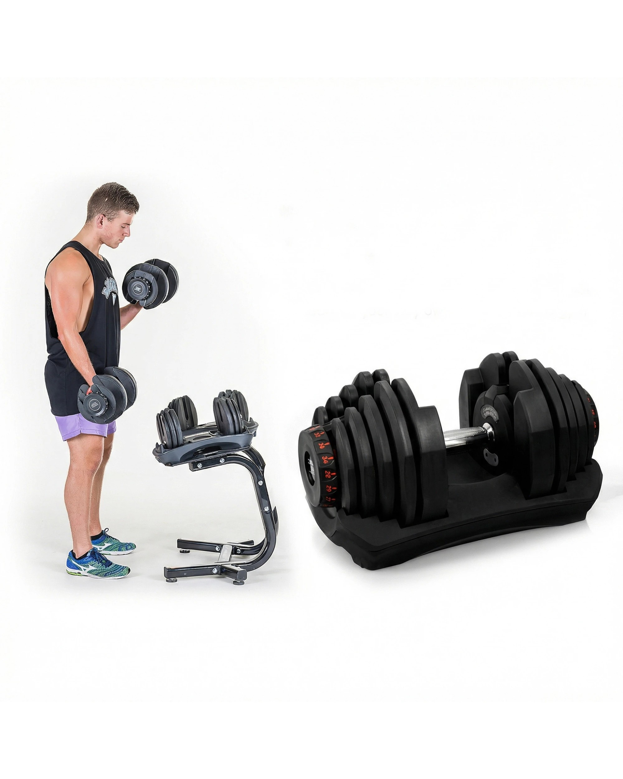 7 Powertrain 80KG Adjustable Dumbbell Set and Stand with Flat Bench - Black, 7 of 10