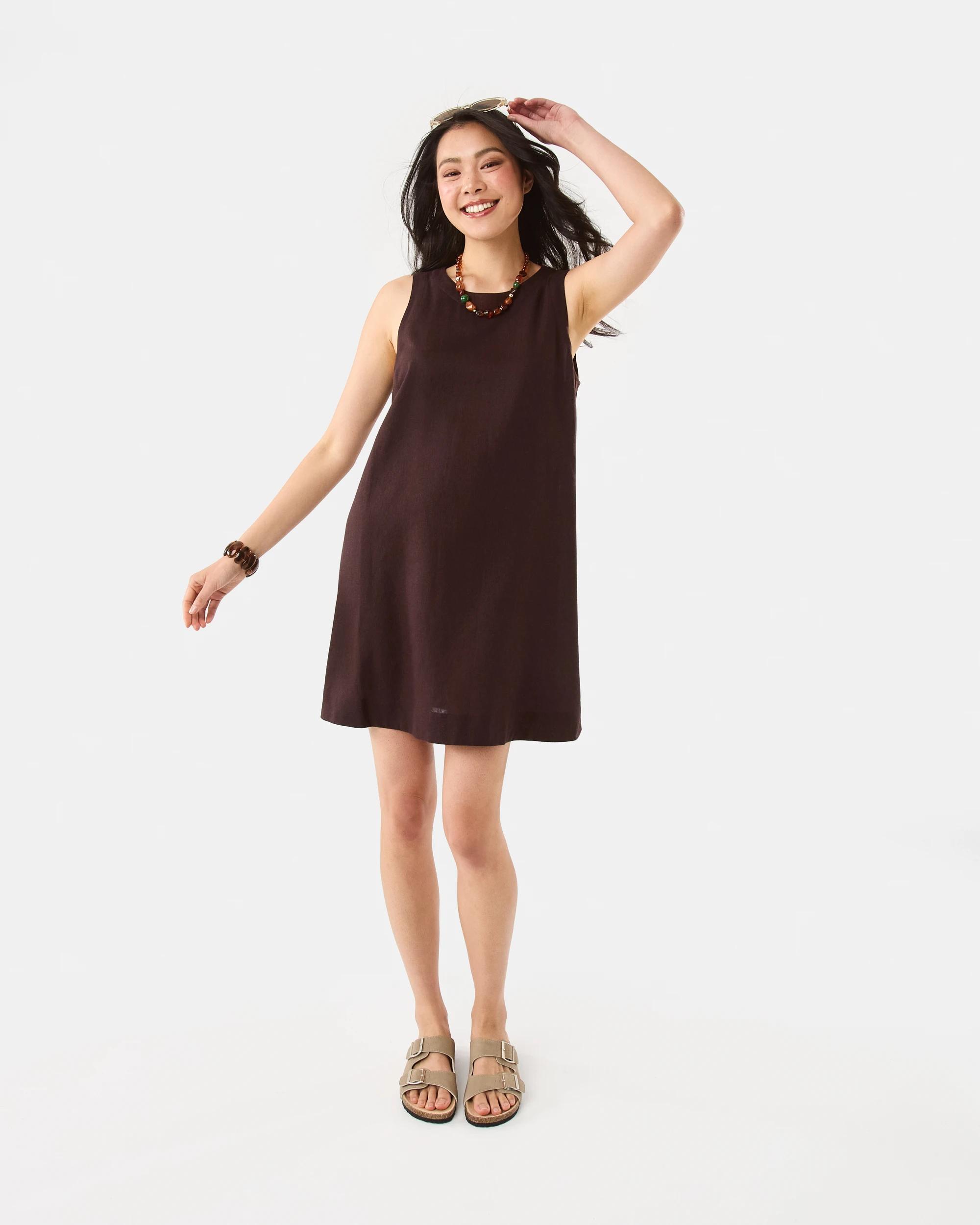 2 Sleeveless Linen Blend Button Detail Mini Dress Choc Plum, 2 of 8