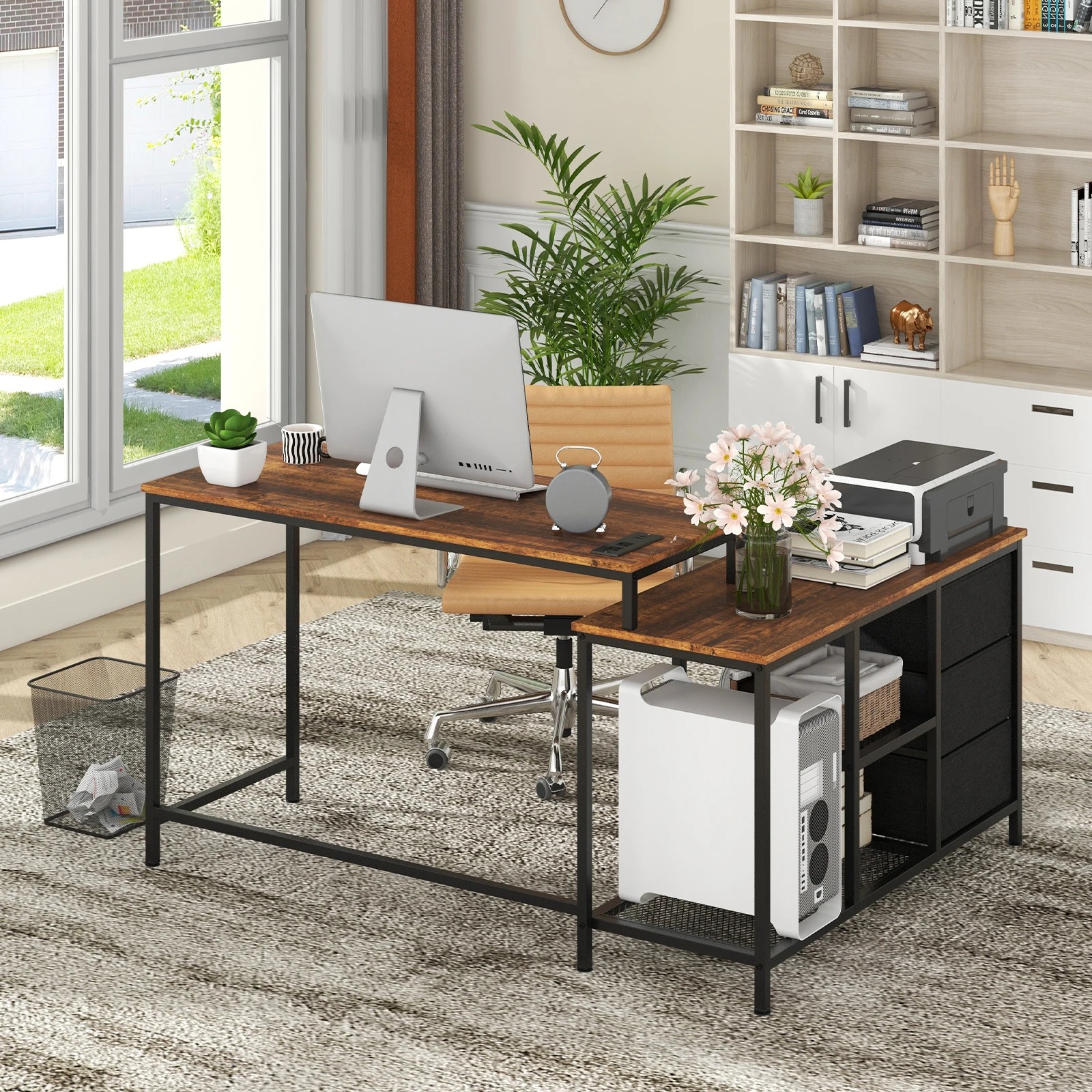 2 Costway L-shaped Computer Desk Home Office Writing Desk w/3 Fabric Drawers & Power Outlet, 2 of 4