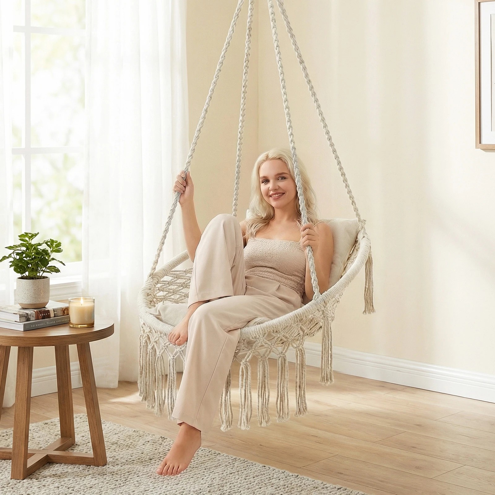4 Costway Macrame Swing Chair Boho Rope Hanging Hammock Chair - Beige, 4 of 4
